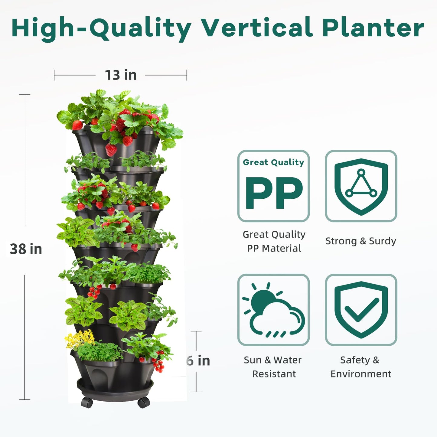 Tectsia Strawberry Vertical Planter 2 Pack, 7 Tiered Stacking Garden Tower, Stackable Herb Vegetable Planters with Support Pole Indoor Outdoor Black