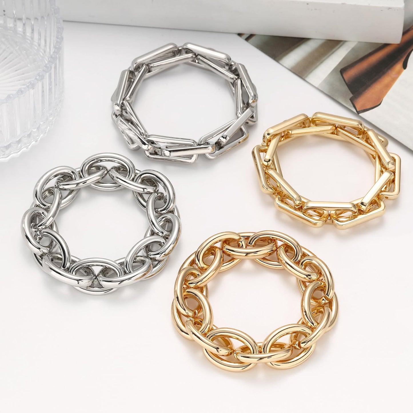 WZJLY Chunky Gold Bracelet for Women Non Tarnish, Trendy Stretch Cuban Link Chain Plated Gold Bangle Bracelets (O-Chain-Silver)