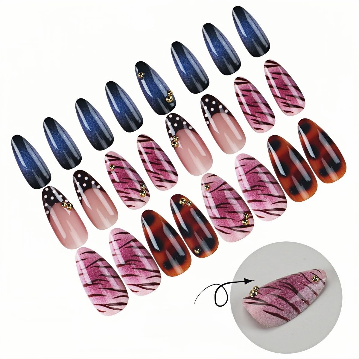 Medium Almond Press on Nails - French Tip Fake Nails with Tortoiseshell | Zebra | Polka Dot Designs False Nails Summer Glue on Nails Reusable Full Cover Stick on Nails for Women Manicure 24Pcs