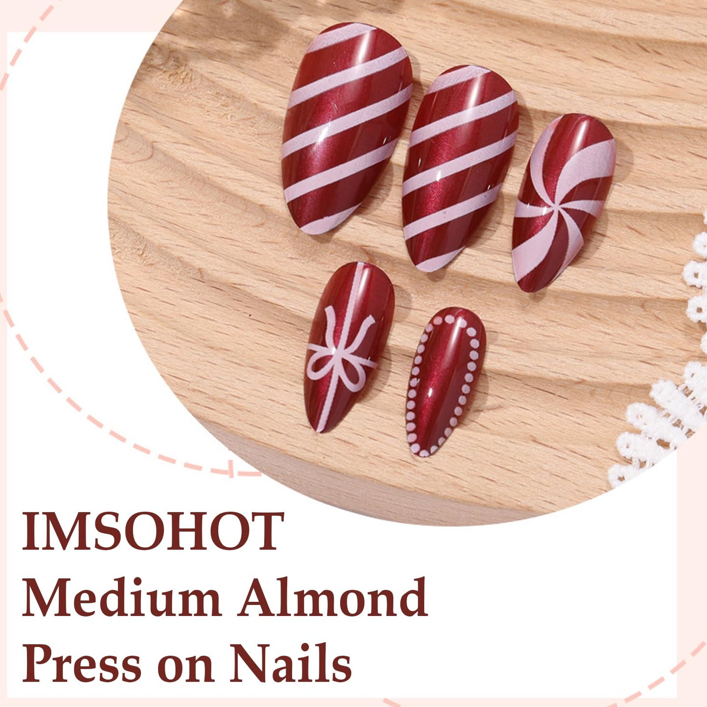 IMSOHOT Red Press on Nails Medium Almond Fake Nails Glossy Glue on Nails Full Cover Acrylic False Nails for Women Girls 24Pcs