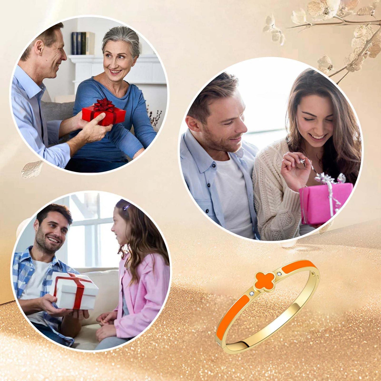KYJAC 18k Gold Plated Stainless Steel Four Leaf Clover Bracelet for Women - Non-Tarnish, Precision Polished Chunky Oval Bangle in Black, White, Pink, Red Clover Bangle
