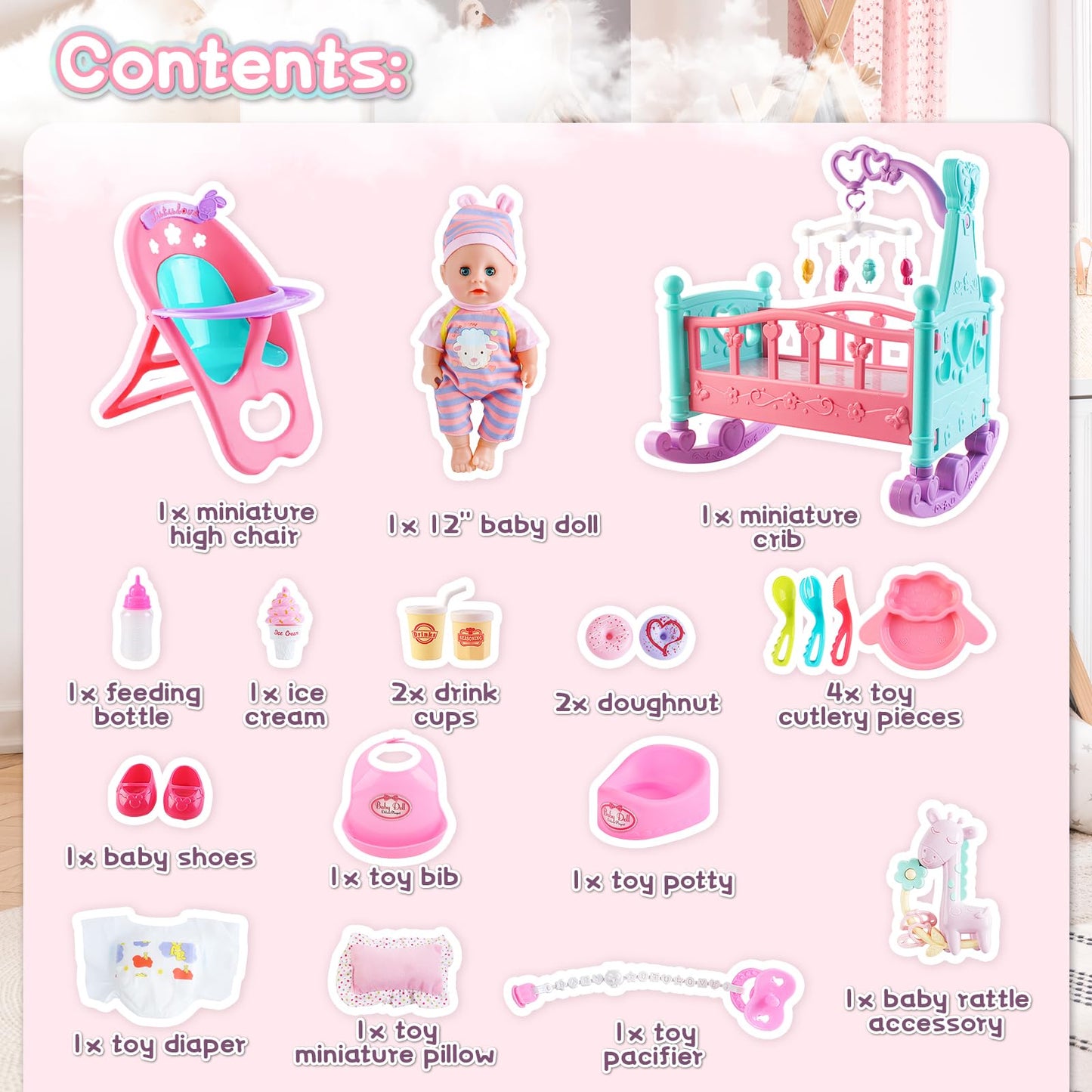 deAO 12” Baby Doll Play Set with Crib, Mobile, High Chair Feeding Accessories, Interactive Dolls for Girls Kids Pretend Play Baby Dolls 21 PCS
