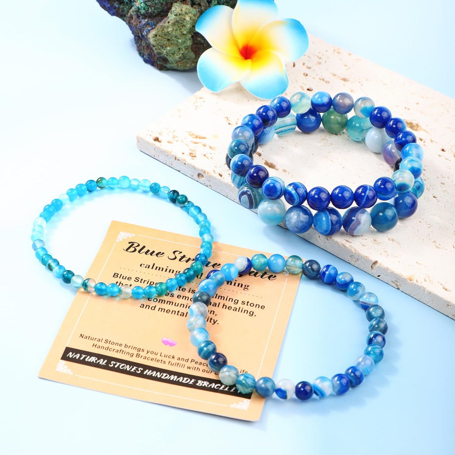 AD Beads 8mm Handmade Blue Stripe Agate Elastic Bracelet Natural Gemstone for Calming and Soothing Meditation, Yoga, Healing and Energy Gift for Men Women