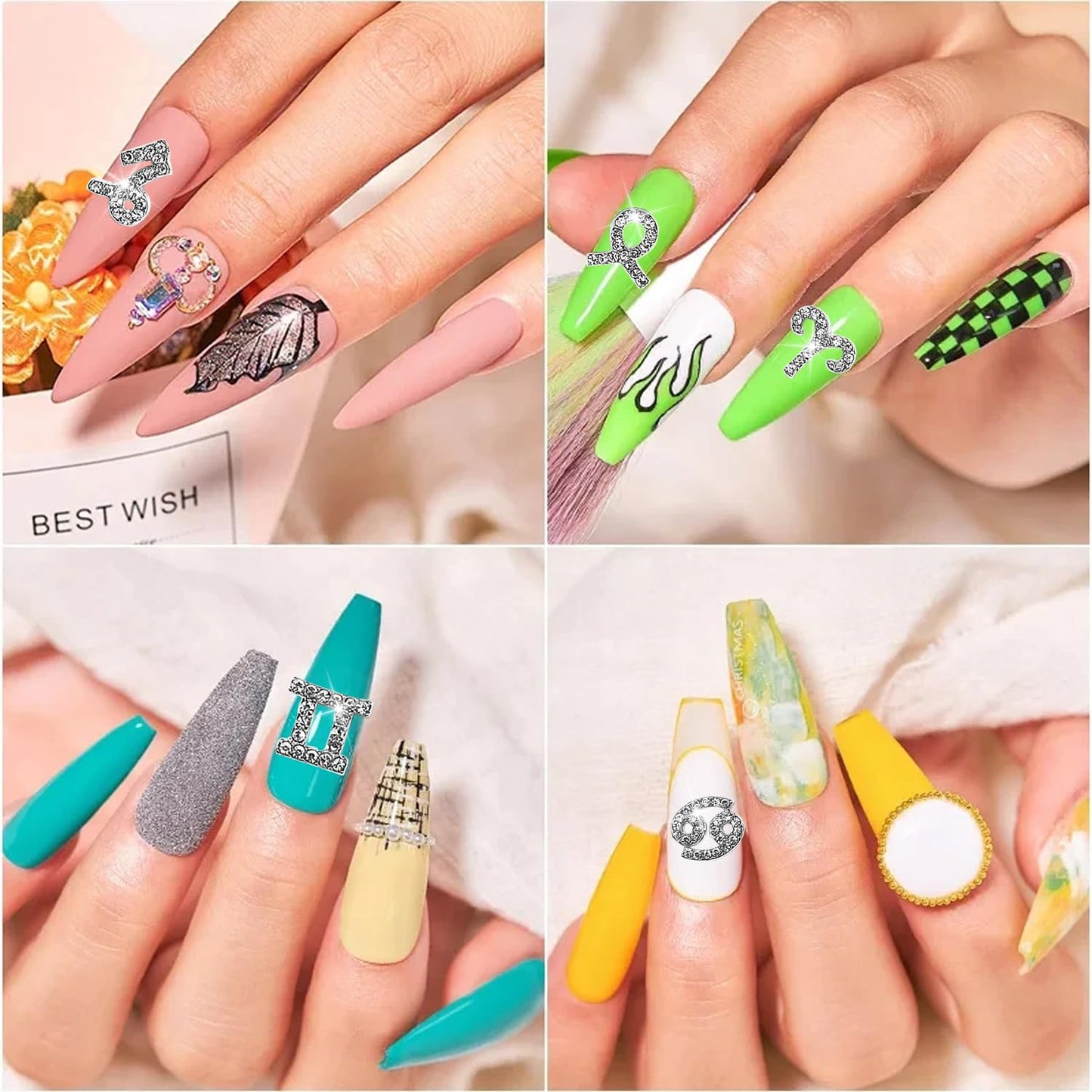 JERCLITY 48 Pieces Alloy Silver Nail Charms, 12pcs Zodiac Nail Charms, 26pcs Letter Nail Charms, 10pcs Number Nail Charms, Silver Charms for Women Girls Nail Art