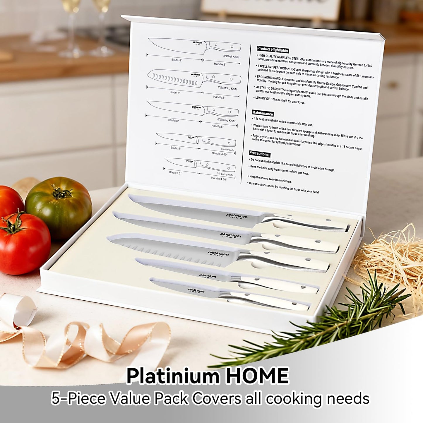 Kitchen Knife Set of 5,Professional Chef knife High Carbon Stainless Steel White Chefs Knives for Home Cooking, Includes Chef, Santoku, Boning, Utility, Peeling Knives with Gift Box