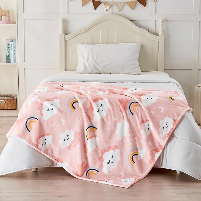 SOCHOW Cute Cloud Print Fleece Throw Blanket for Kids Boys and Girls, Soft Lightweight Cozy Warm Flannel Blanket for Toddler Bed, Pink 50 x 60 Inches