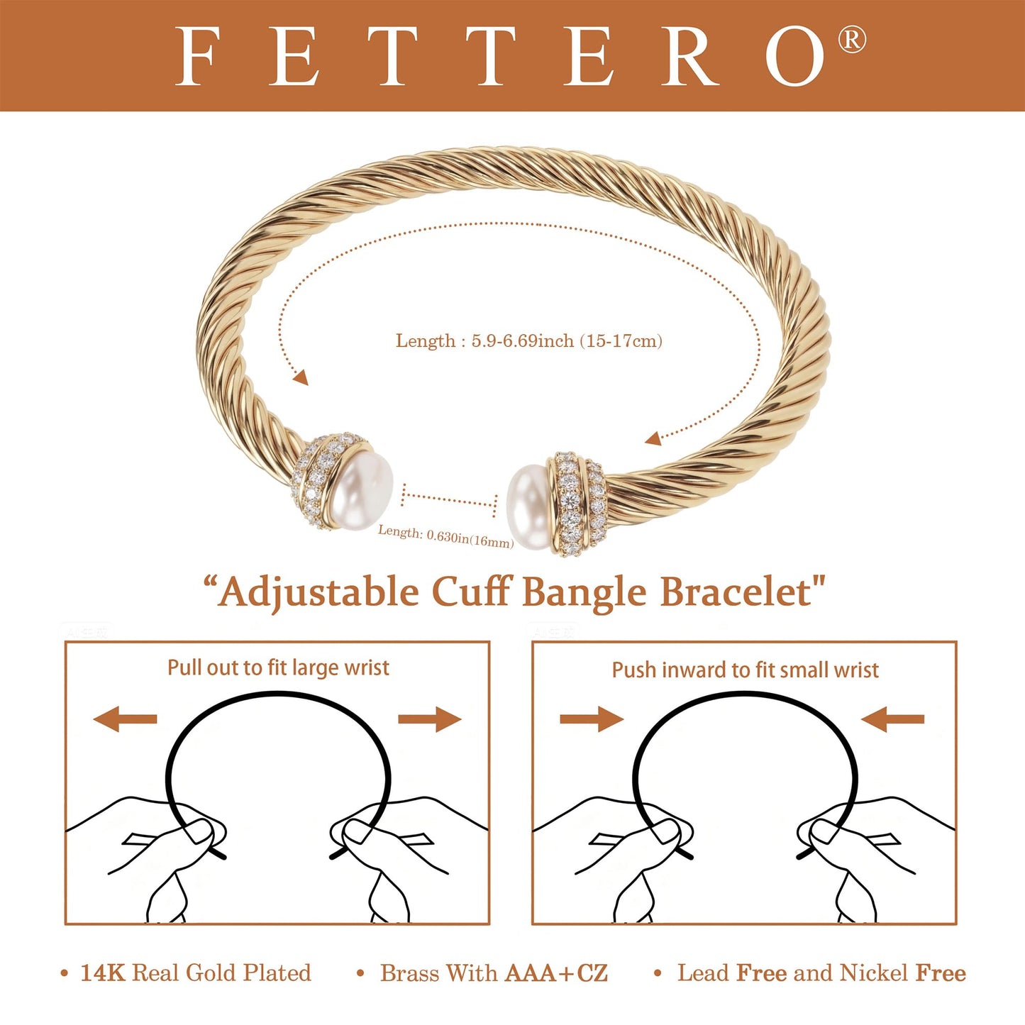 Fettero Gold Cuff Bangle Bracelets for Women - 14K Gold Plated Adjustable Open Cuff Friendship Bracelets Elegant Twisted Cable Bangle Bracelet Lightweight Pearl Bracelet for Dainty Jewelry