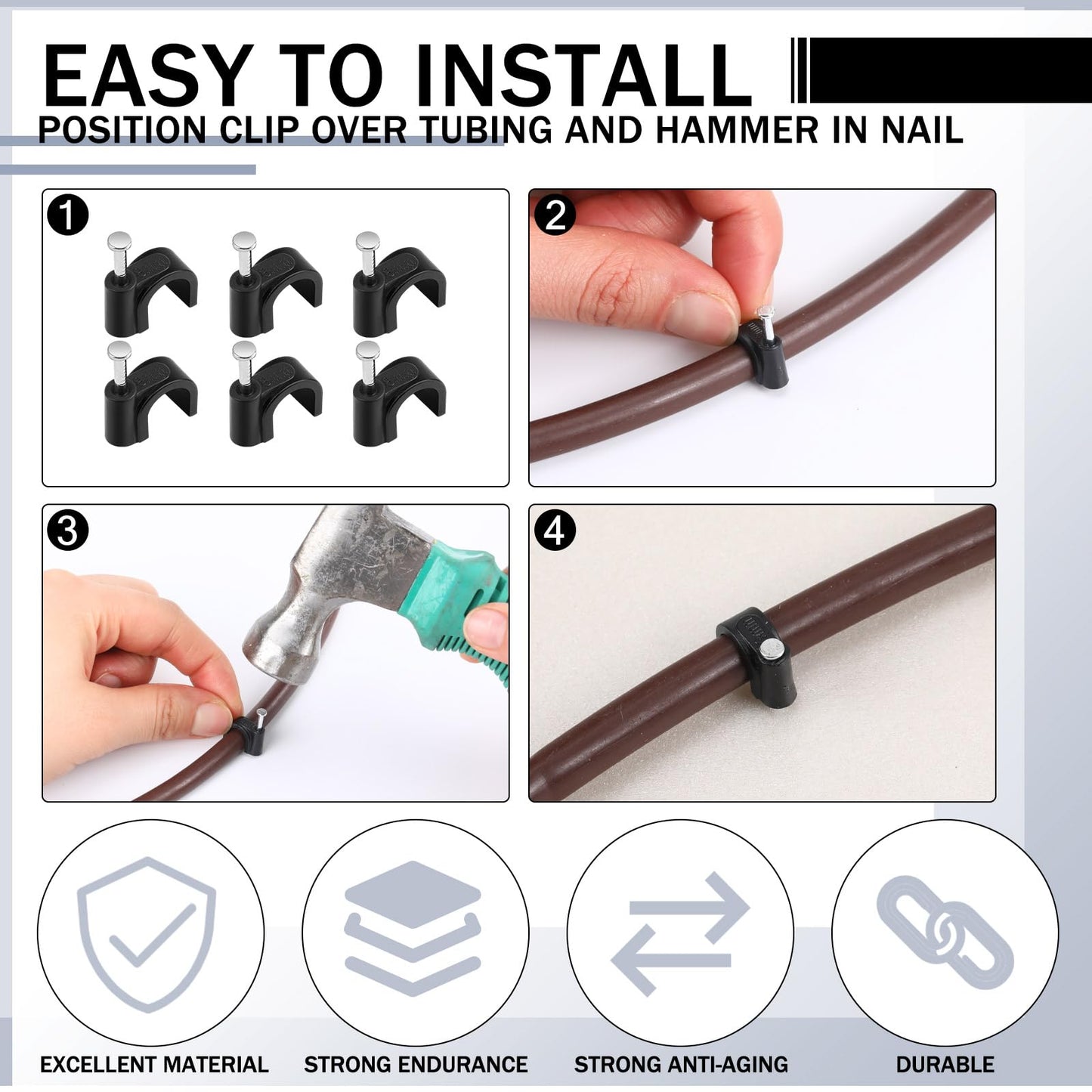 Leriton 100 Pcs Drip Irrigation 1/4" and 3/8" Tubing Mounting Clips, Firm and Easy to Install, Drip Irrigation Kit Connector, Black