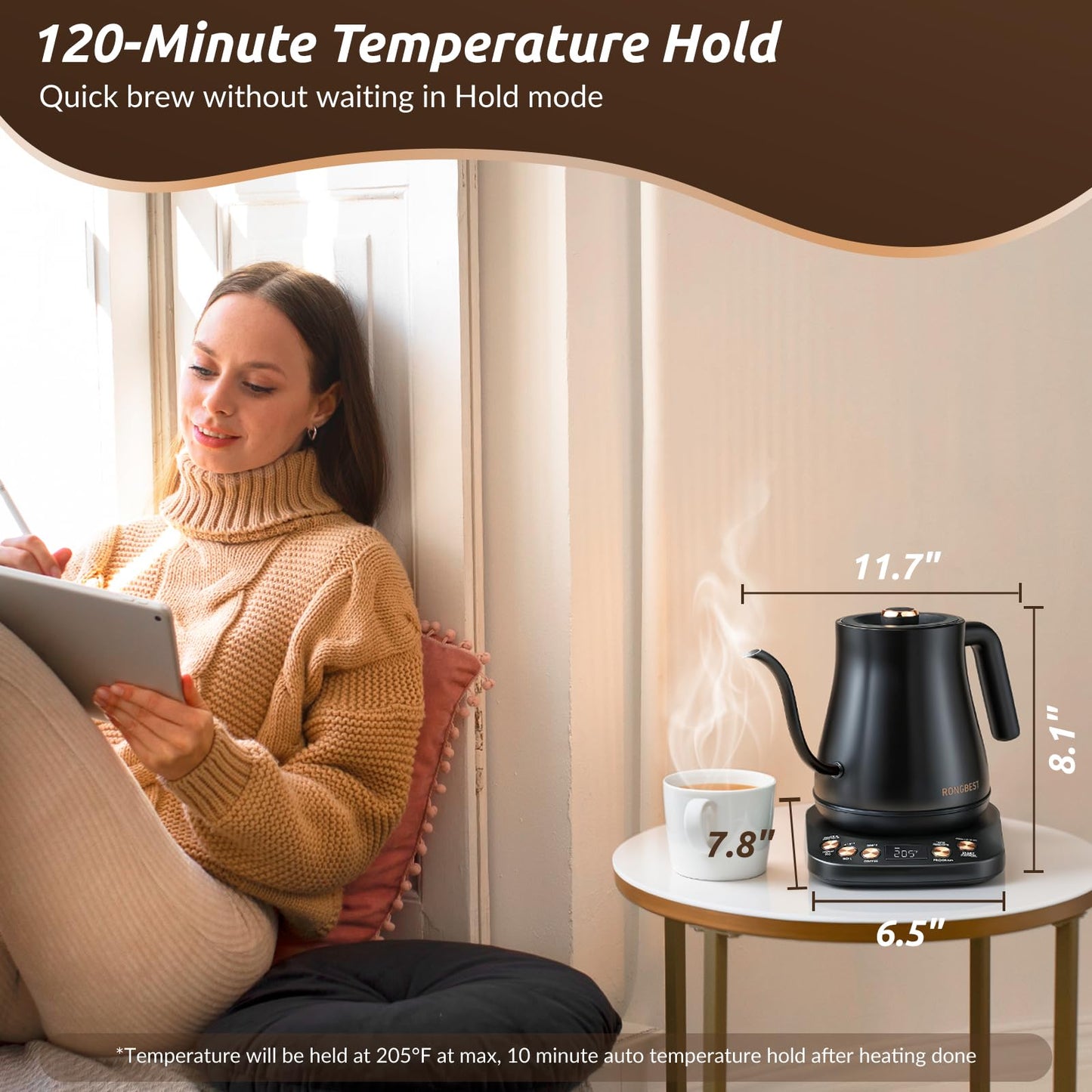 RONGBEST Electric Gooseneck Kettle 1L, 6 Temperature Control Presets, 1200W Quick Heating Water Pour Over Coffee & Tea Pot with Auto Shut-off & Keep-warm, Stainless Steel Inner & Lid, Matte Black