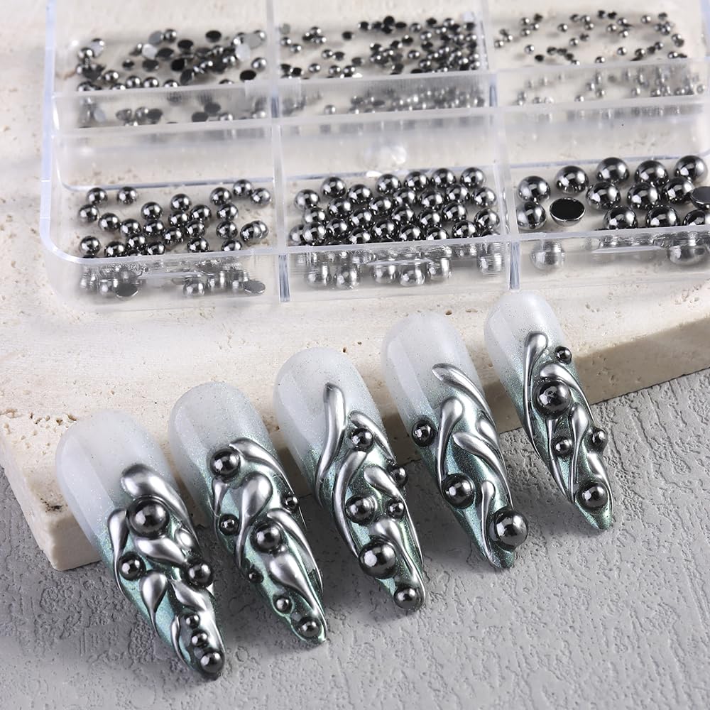 4 Boxes Mixed Sizes Flat Back Steel Beads 3D Nail Charms Kit, Gold Silver Rose Gold Black Half Round Metal Caviar Beads Balls with Pickup Tweezers Manicure DIY Crafts Decorations