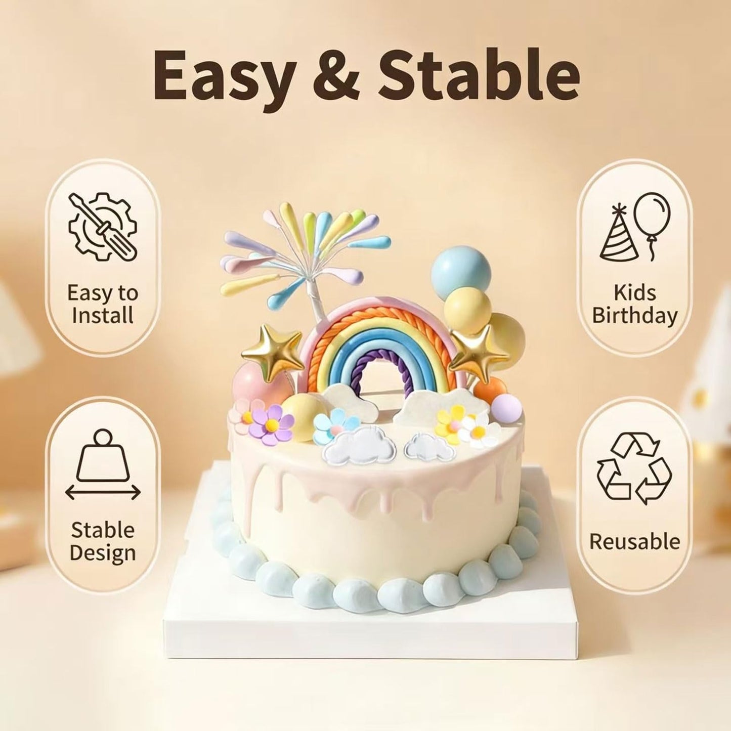 Rainbow Cake Topper 39pcs Rainbow Cake Decorations with Pastel Balls Topper Daisy Flower Cupcake Decroation,Boho Party Decorations for Groovy Hippie Birthday Wedding Baby Shower Cupcake Decorations