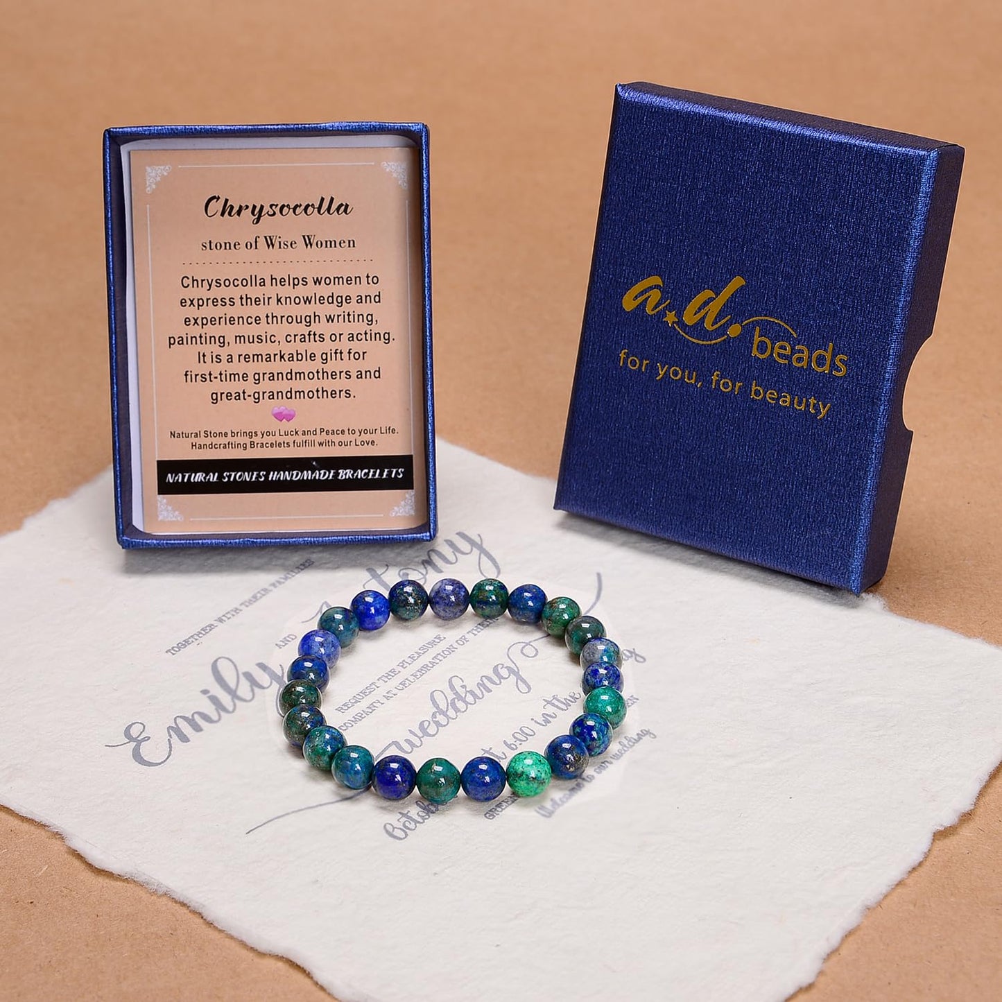 AD Beads Handmade Gemstone Stretch Elastic Bracelet Crystal Healing Reiki Nature's Beauty and Spiritual Essence Unisex (10mm, Chrysocolla (Wise Women))