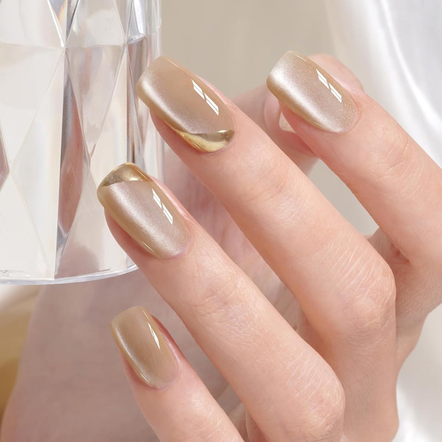 AILLSA Glass Cat Eye Gel Nail Polish, Champagne Glitter Jelly Nude Nail Polish Magnetic Gold Shimmer Sparkle Nail Art U V Gel Salon 0.5 OZ