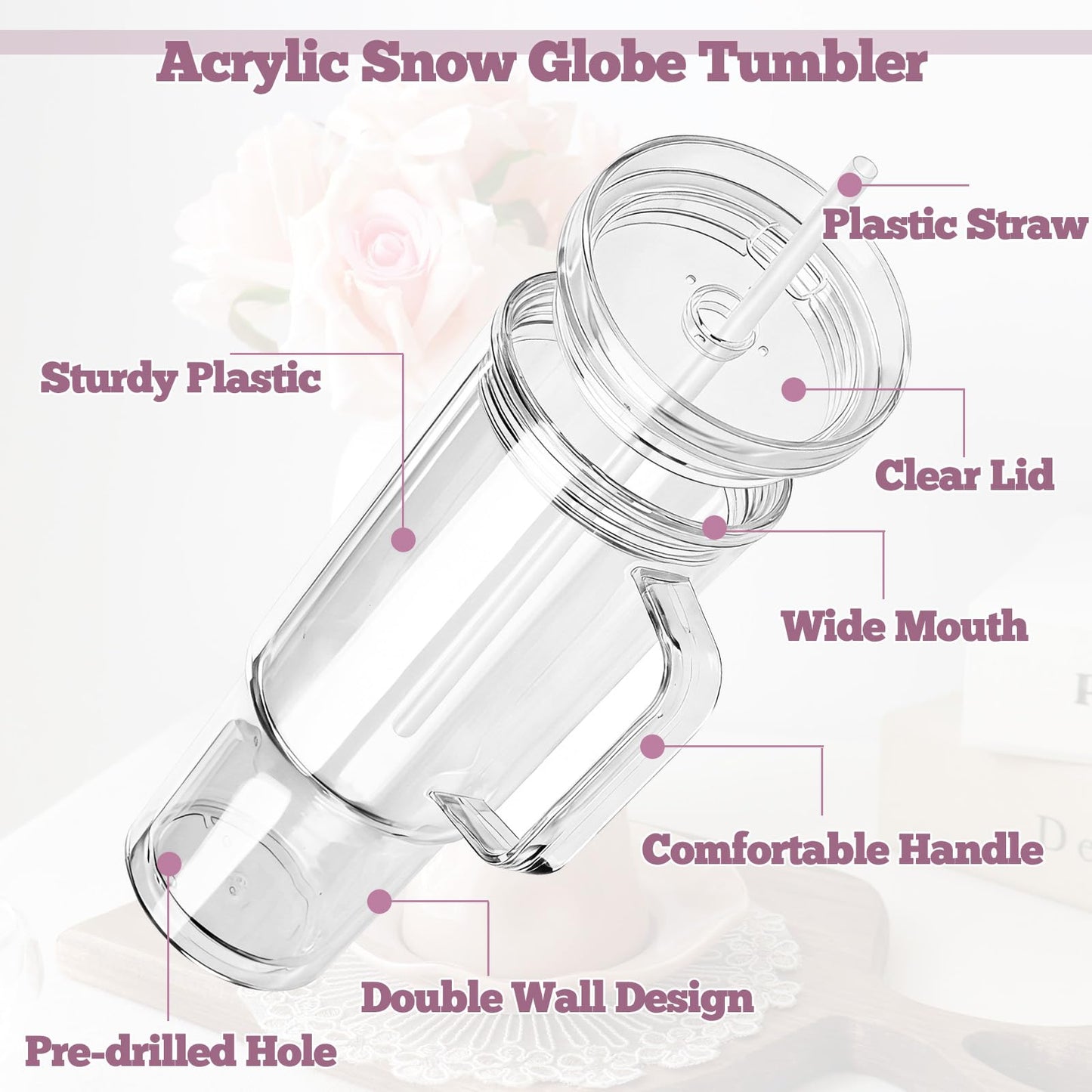 40 Oz Snow Globe Tumbler Supplies 4 Pack Acrylic Snowglobe Tumblers Cups with Handle Clear Pre-Drilled Double Wall Snow Globe Tumbler Starter Kit for DIY Glitter Tumblers