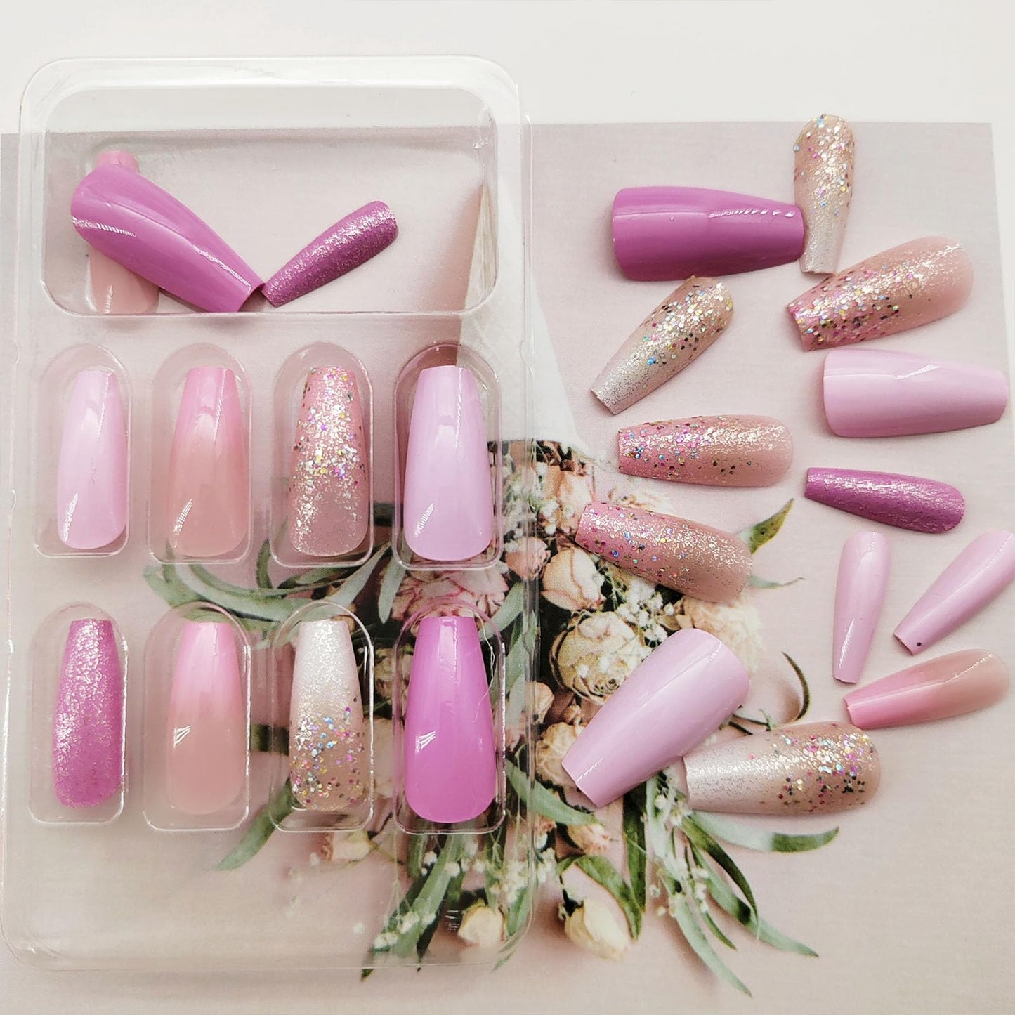 Coffin Press on Nails Medium - Purple & Pink Gradient Fake Nails Press on Nails Full Cover Glue on Nails Glitter Designs Artificial Acrylic Nails for Women 24 Pcs