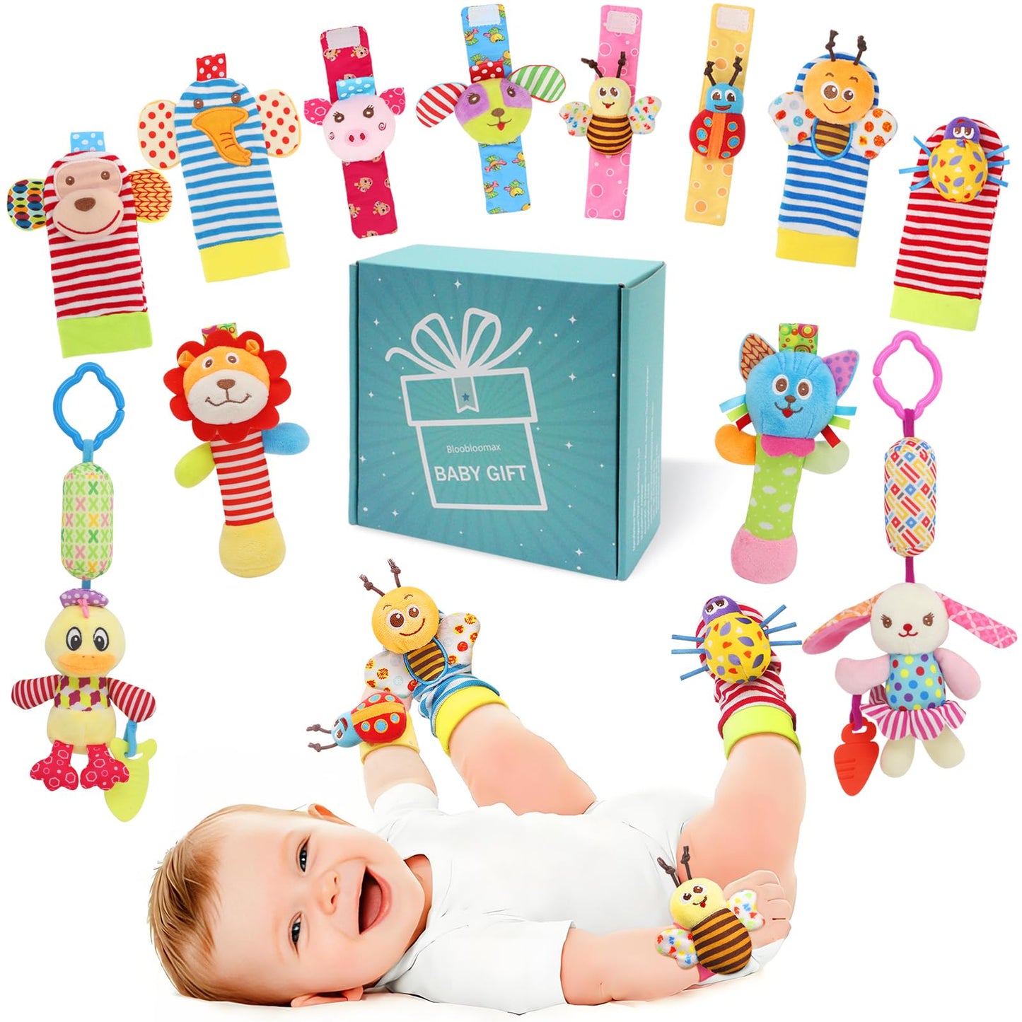 Baby Rattles & Socks - Wrist & Ankle Rattle Toys, Hanging Rattle, Activity Gift for Infants (12 B)