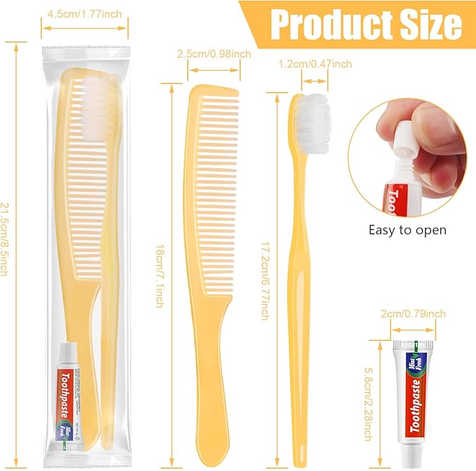 NICEMOVIC 200 Pack Disposable Toothbrushes Bulk with Toothpaste and Comb Travel Size Toothpaste Set Homeless Care Package Supplies Bulk for Individually Wrapped Disposable Travel Hotel Charity, Yellow