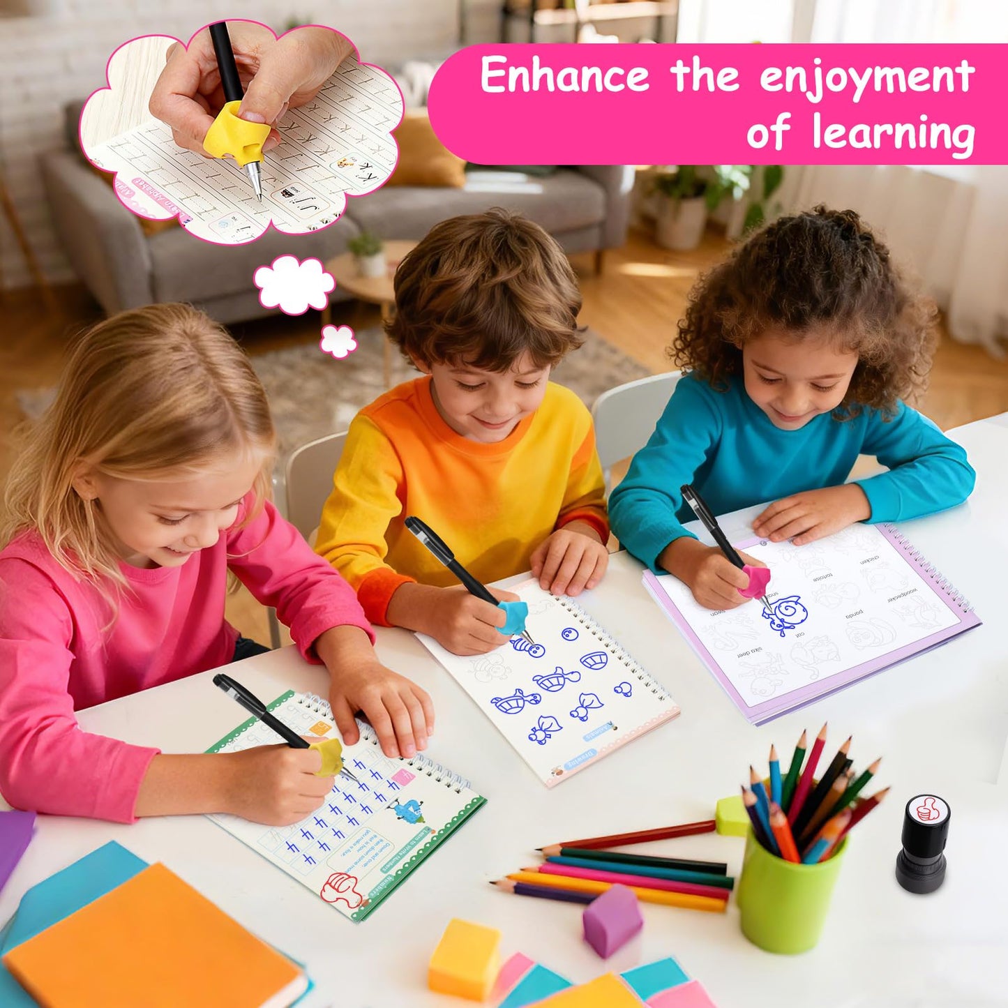 6 Pack Magic Grooved Writing Practice Books for Kids,Reusable Handwriting Practice with Pen,Pencil Grisp,Cute Seal and Learning Schedule ,Pecfect Tracing Copybook for Kindergarten Preschool Age 3-8