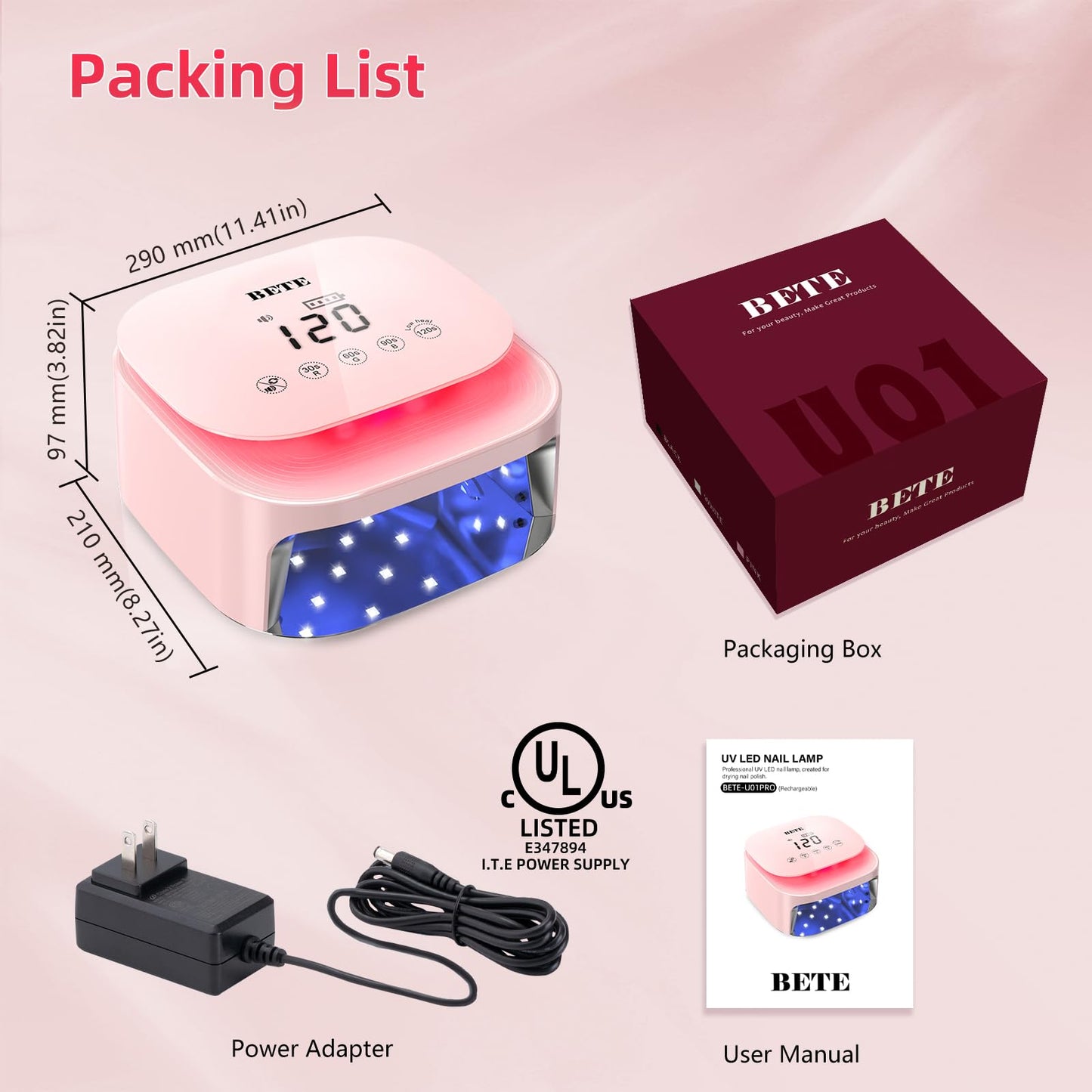 BETE 60W Cordless UV LED Nail Lamp - Rechargeable Gel Polish Dryer with Auto Sensor, 30 Beads & 4 Timer Settings Portable for Home/Salon Pink