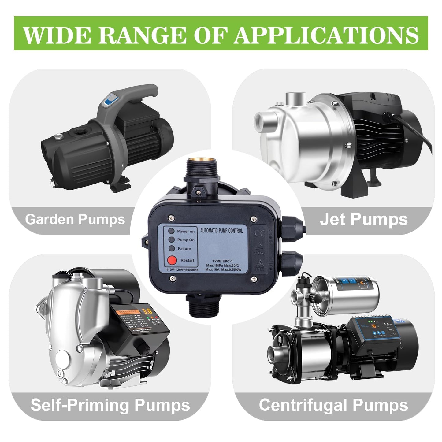 MARSTEK IP65 Automatic Water Pump Controller，Water Pump Pressure Switch Water Flow Sensor Switch Electronic Pump Pressure Regulator for Self-priming Pump，110V-120V~50/60Hz