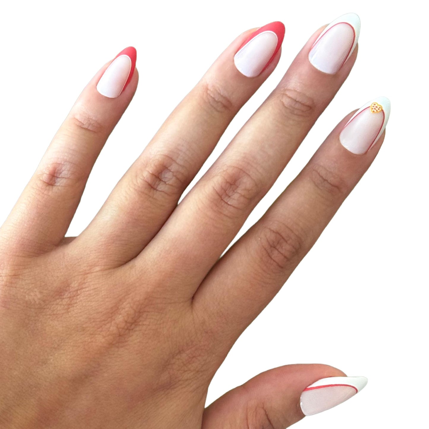Olive & June Instant Mani Press-On Nails (Glue) | 42 Fake Nails, 21 Sizes | Non-Toxic, Long-Lasting Recycled Materials Realistic Look | Salon-Quality at Home | Medium, Almond | I Heart Pizza French
