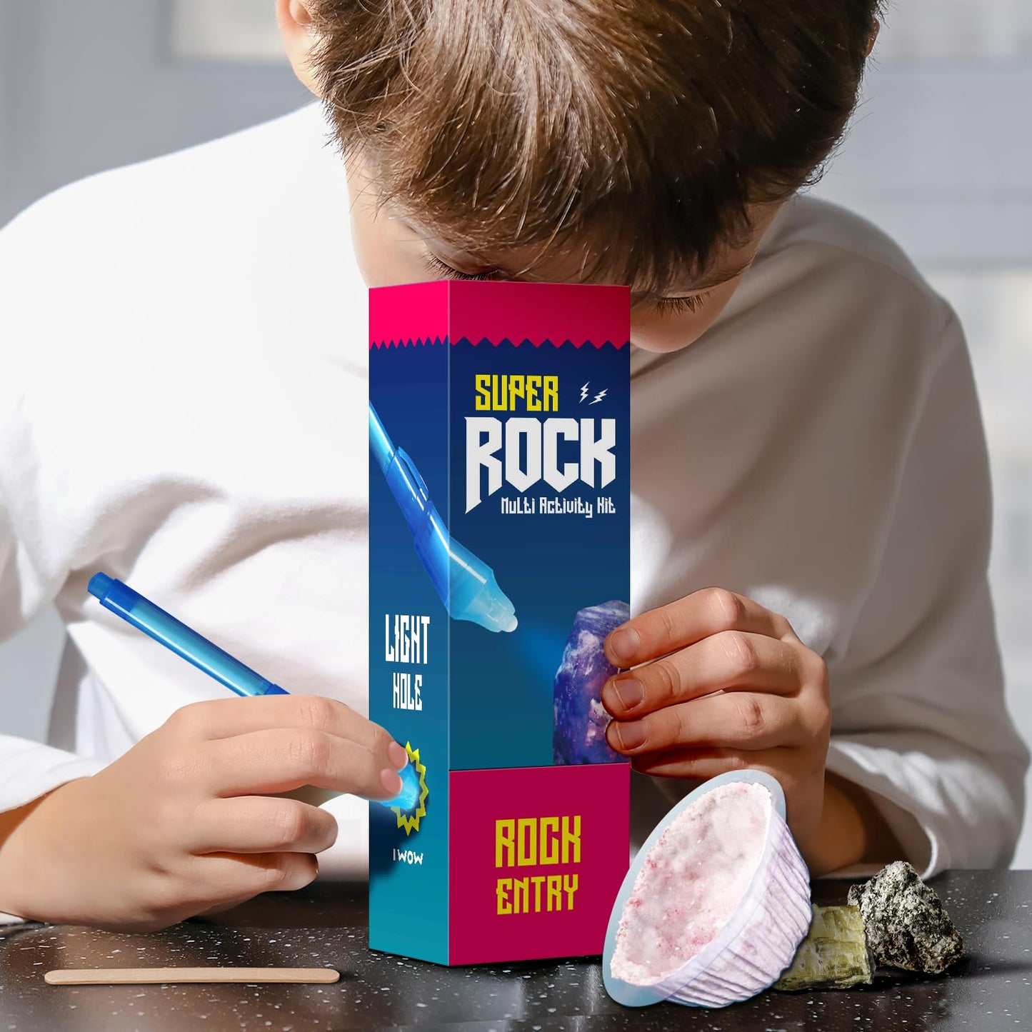 EDUMAN Super Rock Multi Activity Kit - 24 Genuine Rock Specimens, Geode Making & Crystal Growing STEM Science Toy for Kids Ages 8+ - Includes UV Light, Magnifying Glass & Darkroom Observation Box