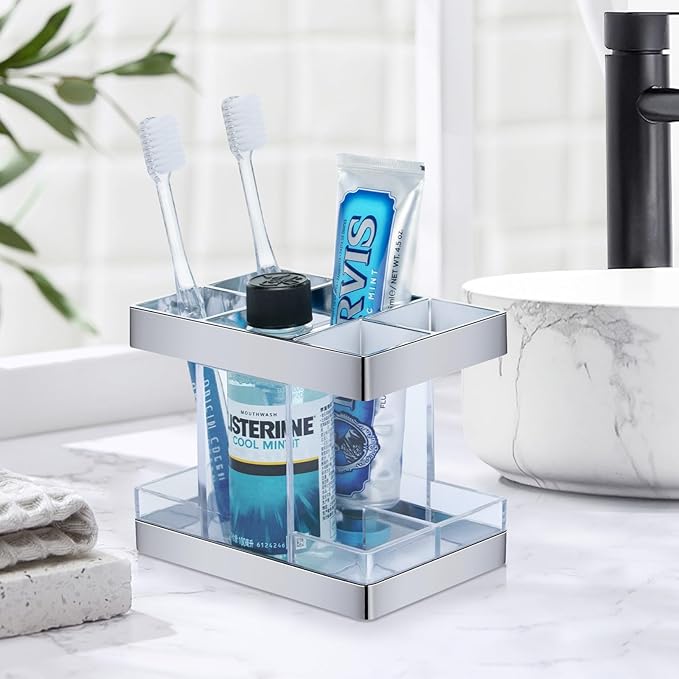 Chintu Toothbrush Holders for Bathrooms - Electric Tooth Brushing Holder Rustic Farmhouse Toothbrush Organizer for Bathroom Counter 5 Slots Toothbrush and Toothpaste Holder for Family Kid Clear/Silver