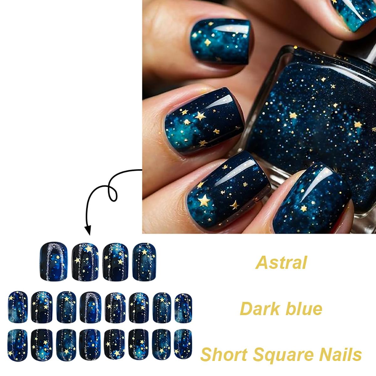 Starry Sky Press on Nails Short Square Dark Blue Fake Nails with Stars Design Reusable Artificial Nails Coffin Shape False Nails Full Cover Glossy Acrylic Nails for Women Manicure 24PCS