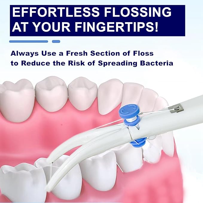 The Floss Advances - Dental Floss Holder, Tension Adjustable Interdental Flosser, Reusable and Refillable Handle with Preloaded Floss 66 ft/ 20 m - (1 Handle + 1 Extra Spool of Different Material)