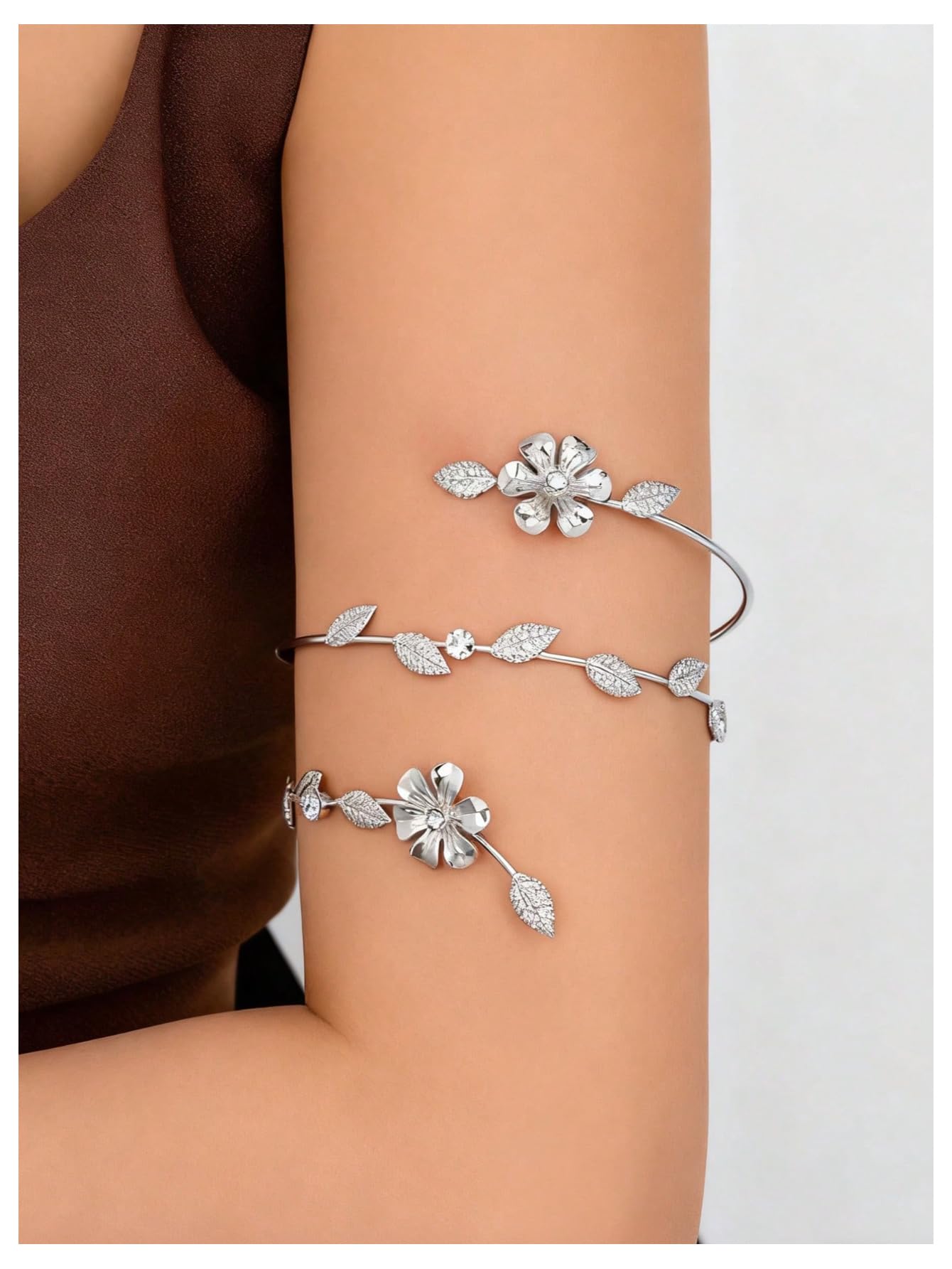 MakeMeChic Beach Gold Arm Cuff Jewelry for Women Bangle Band Armlet Flower Upper Arm Cuff Bracelet Summer Beach Essentials Silver Leave One-Size