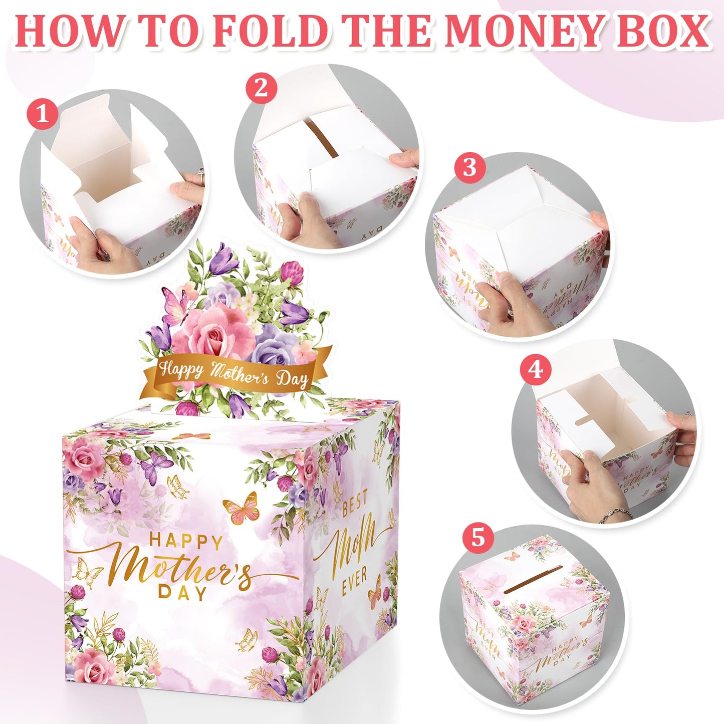 Mothers Day Money Box for Cash Gift Pull, Money Pull Box Gift Best Mom Ever, Funny Mothers Day Money Pull Box, Happy Mother’s Day Box for Cash with Pull Out Card DIY Set from Daughter Son (Watercolor)