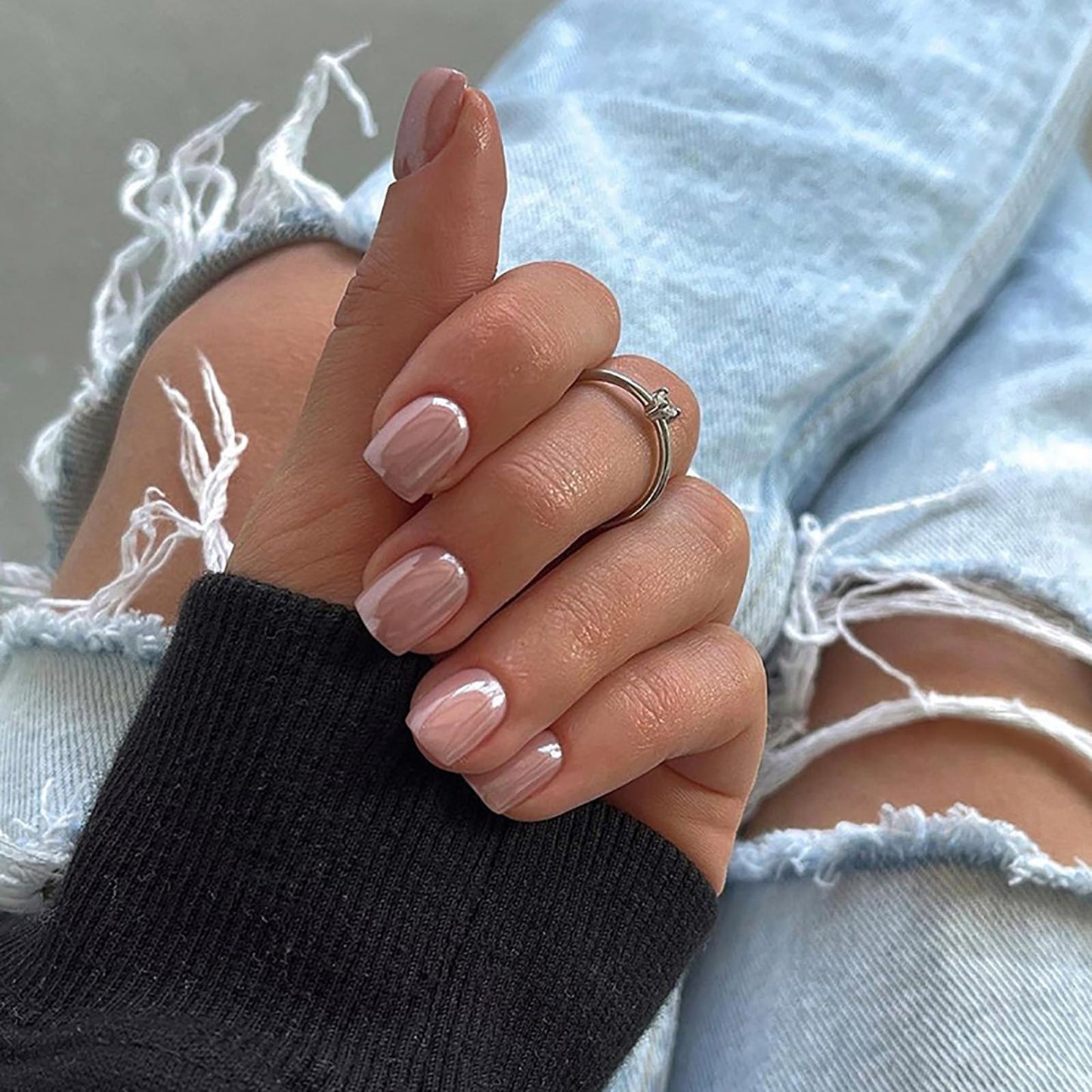 6 Packs (144 Pcs) French Tip Press On Nails - Jsiallye Milky White Short Square Press on Nails Nude Glazed, Gradient Glue On Nails in 12 Sizes - 24 Fake Nails Kit, Simple Stick On Nails for Women