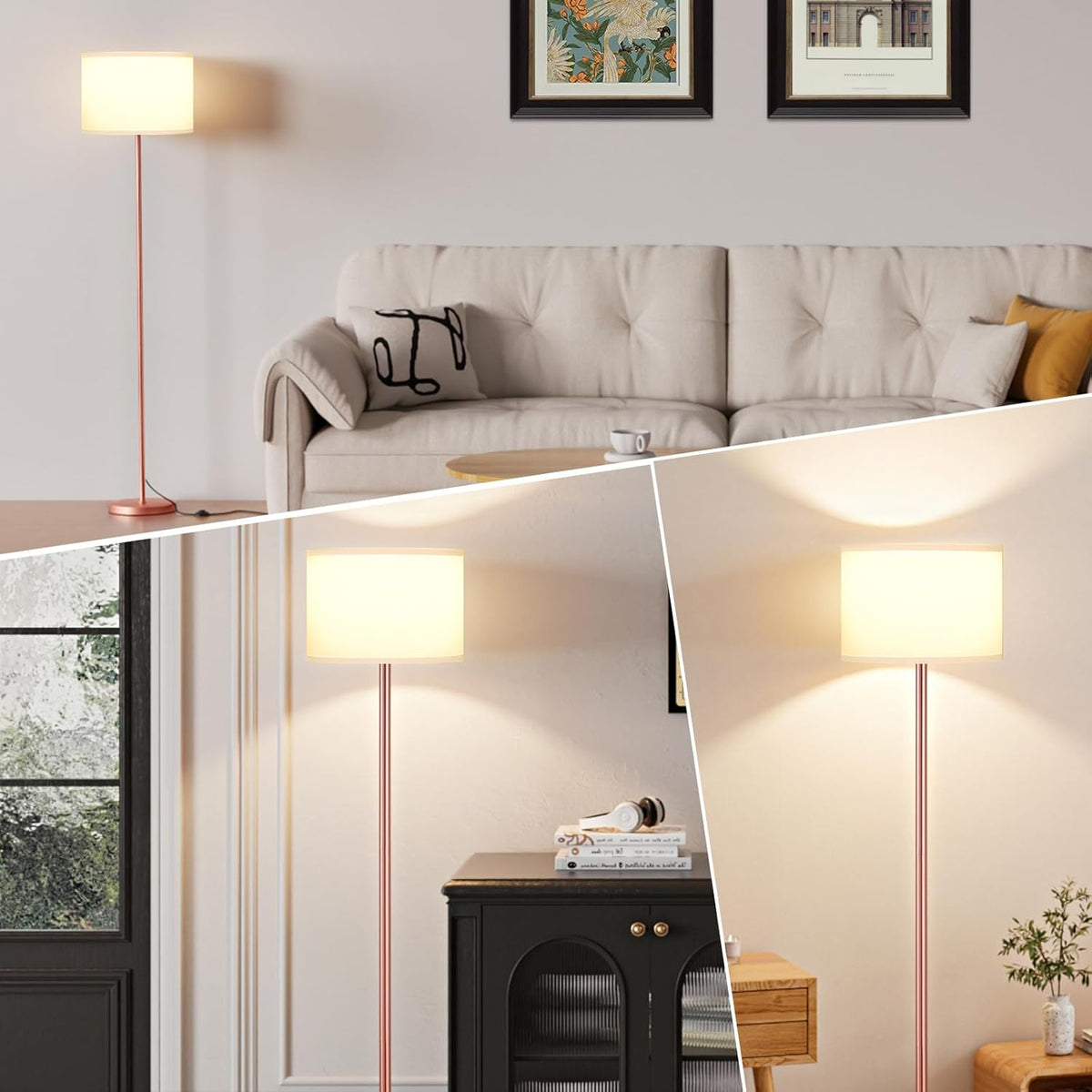 Ambimall 60'' Modern Floor Lamp with Shade, Tall Lamps for Living Room, Bedroom, Office, Dining Room, White Shade with Rose Gold Pole(Without Bulb)