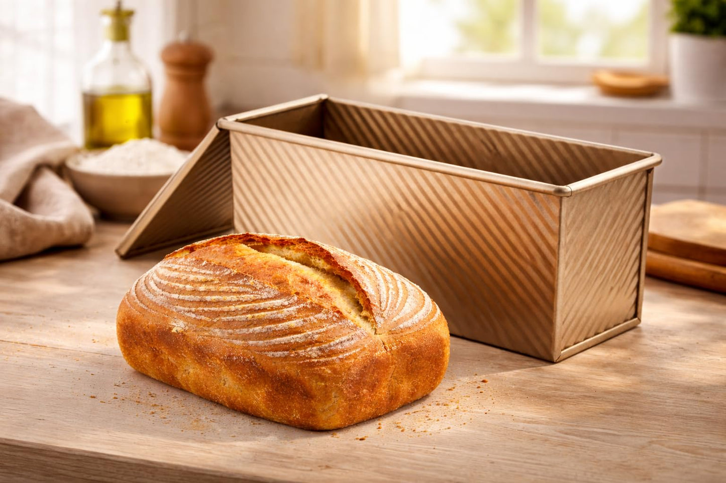 Spmarkt Bread Pan, 13 * 5inch Aluminized Steel Non-Stick Rectangle Pullman Loaf Pan with Lid, Long Sourdough Bread Loaf Pan for Homemade, Deep Bread Tin with Dough Scraper Cutter