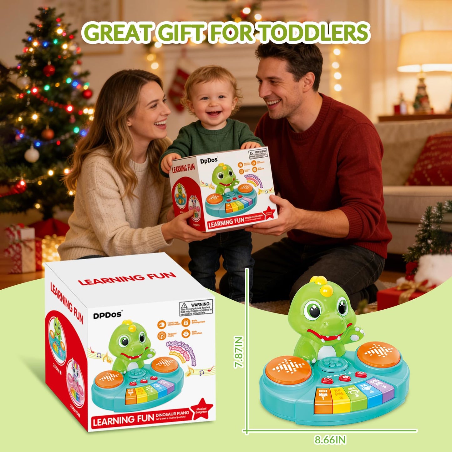 DPDos Dinosaur Baby Piano Toy with Animal Sounds, Light Up Educational Keyboard, Interactive Musical Toys for Babies 6-12 Months and Toddlers