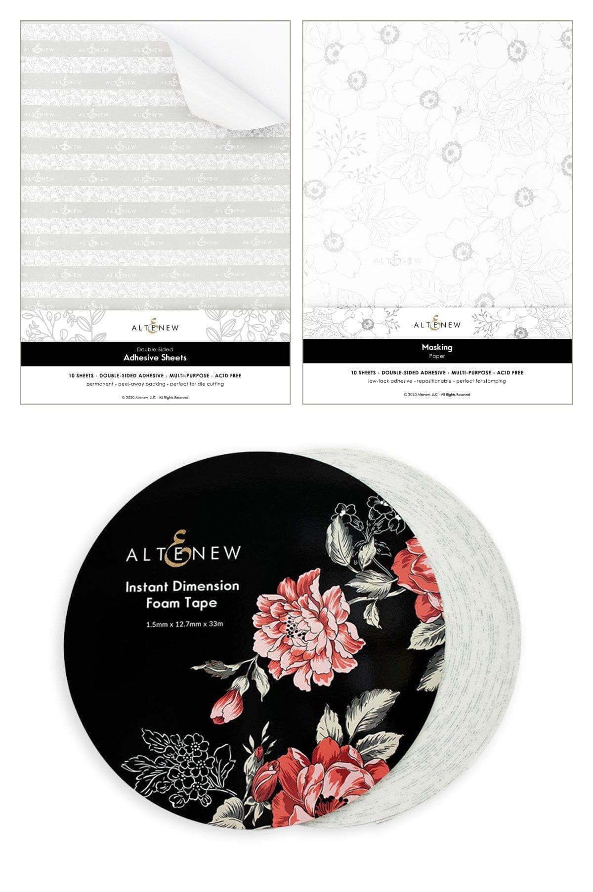 Altenew Sticky Essentials Bundle: Instant Dimension Foam Tape, Masking Paper, & Adhesive Sheets for Paper Crafting and DIY Projects
