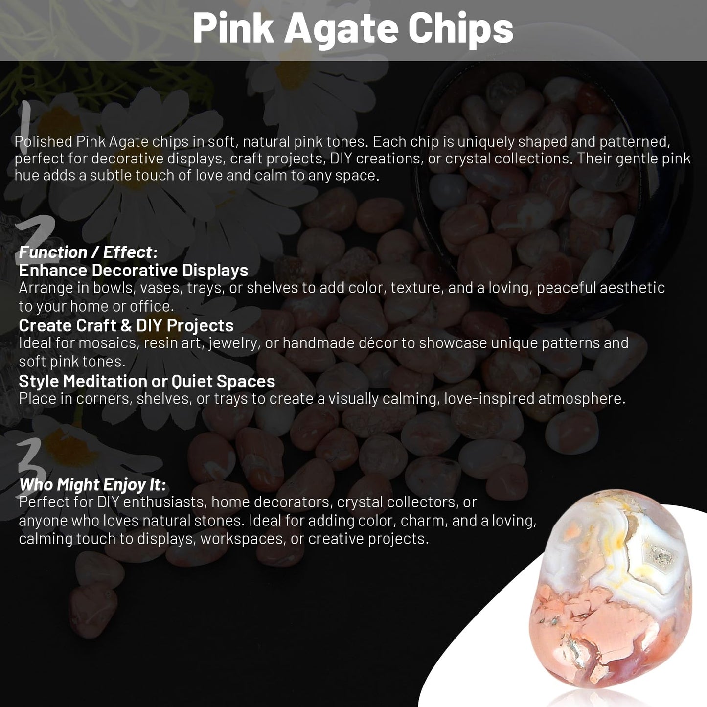 1.1lb Natural Crushed Pink Botswana Agate Crystal Tumbled Chips-Healing Crystals Chips Bulk, Crushed Crystal Gemstones for Crafts, Beautiful Package for Gift (Pink Botswana Agate)
