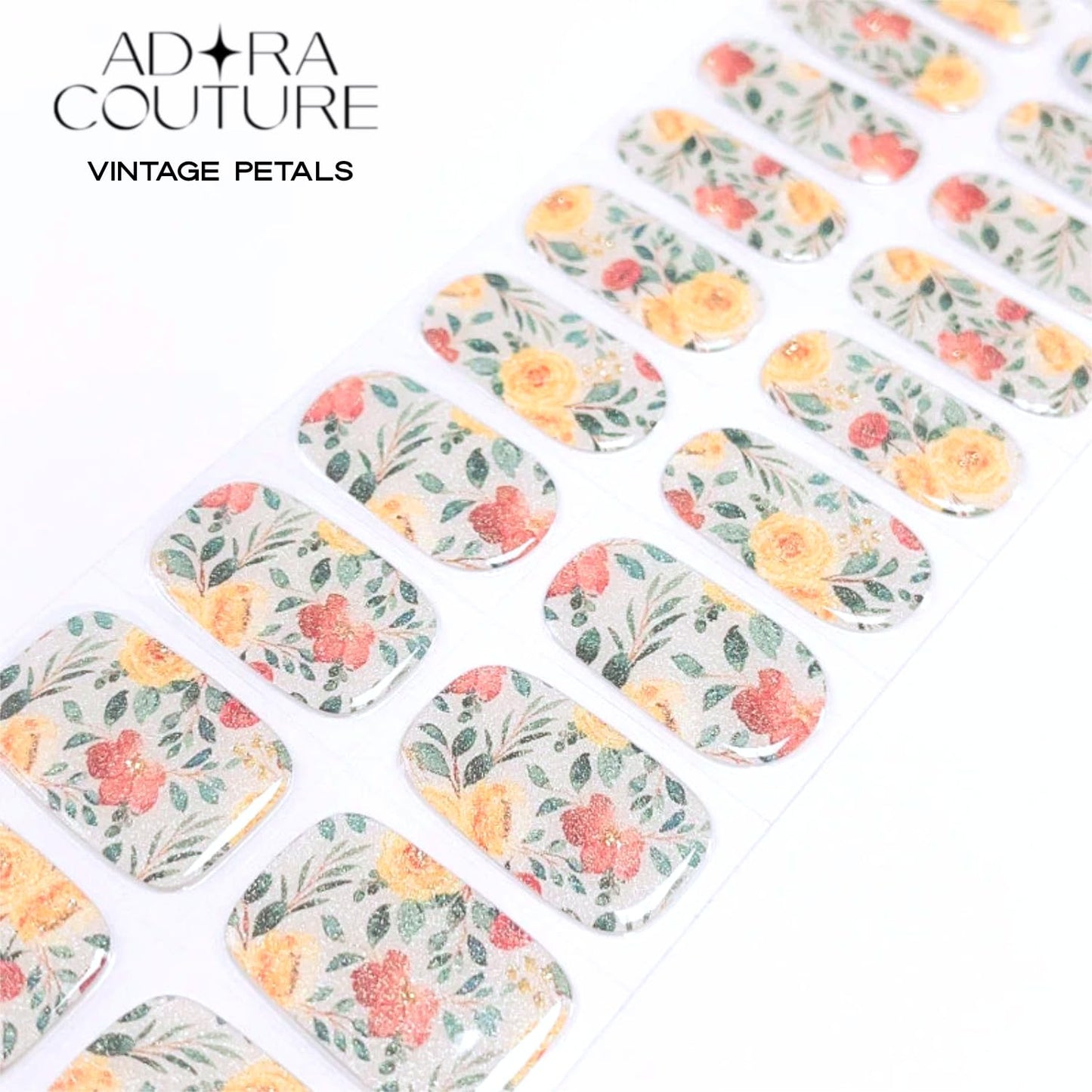 Adora Couture Semi Cured Gel Nail Strips with 20 Pieces - UV Gel Stickers, Manicure Kit, Easy Application Wraps Includes Prep Pads, Nail File, Wooden Stick - UV Light Required (M Vintage)