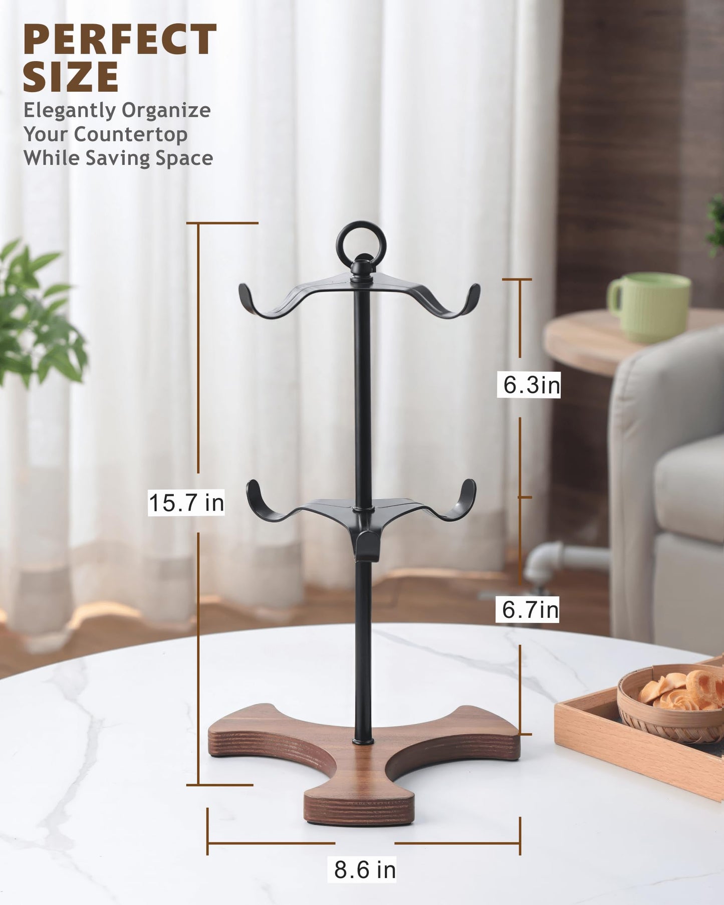 Mug Holder Tree for Countertop | 2-Tier Coffee Cup Stand & Rack Holds 6 Large Mugs, 5oz to 20oz | Space-Saving Mug Stand with Solid Wood Base | Kitchen Counter Organizer & Coffee Bar Accessories
