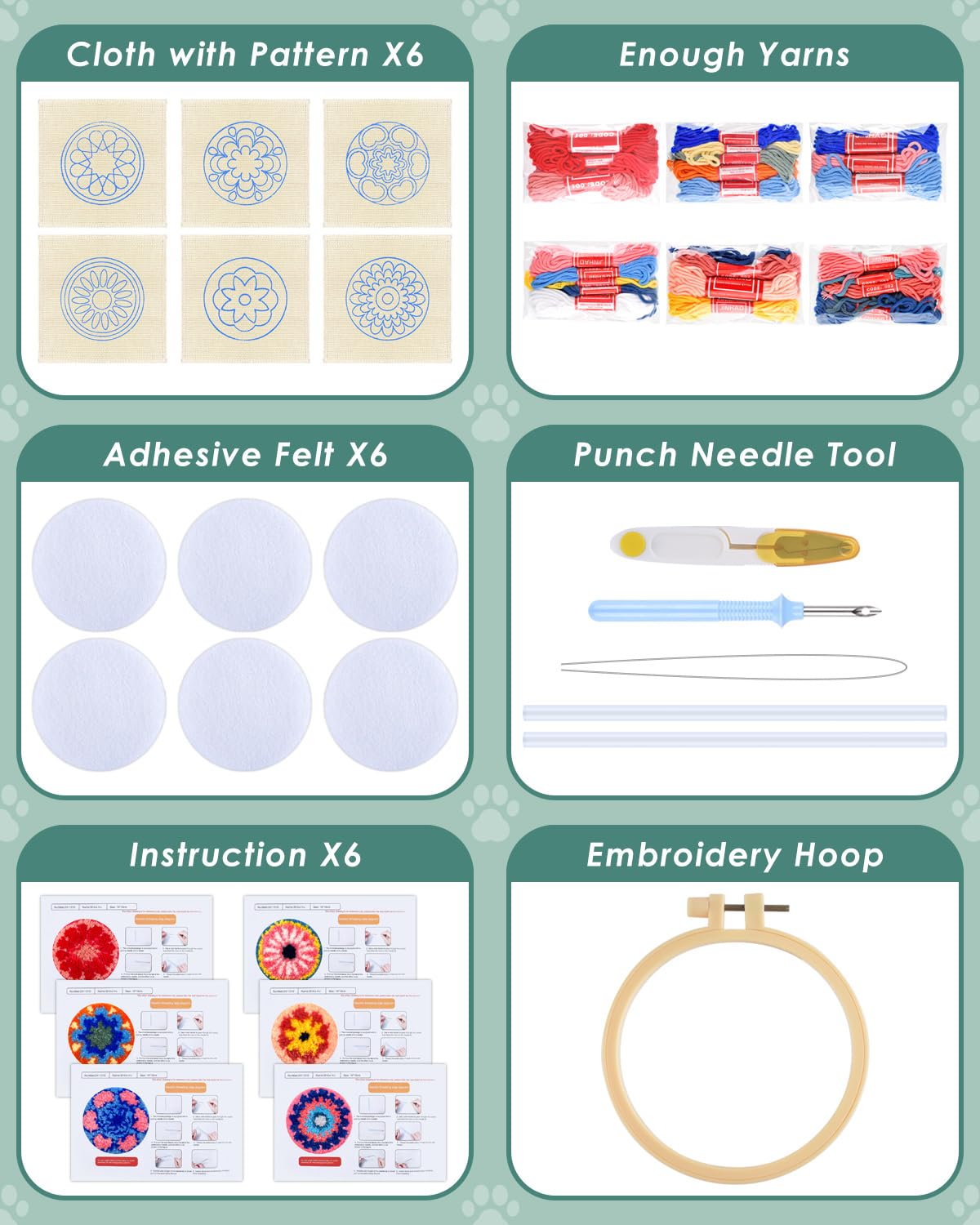 ERKOON Punch Needle Coasters Kit Adults Beginners, 6 Pcs DIY Easy Coaster Embroidery Set for Starter Art Craft, Needling Punching Project with Patterns, Tools, Yarns, Hoop, Instruction