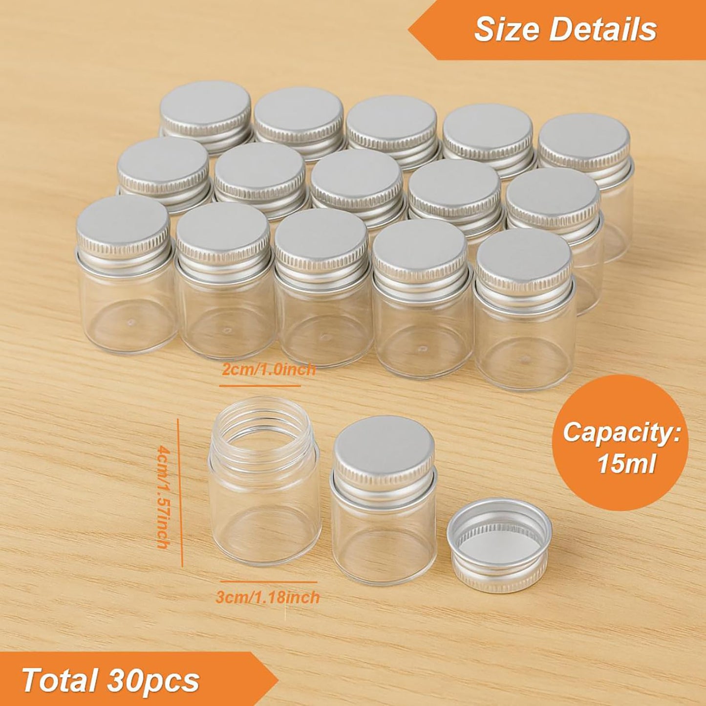 ROHIJALE 30 Pack 15ml/0.5Oz Clear Glass Jars with Aluminum Screw Lids Small Refillable Bottles Leakproof Empty Mini Containers for Samples, Spices, Beads, Cosmetics, DIY Crafts (4cm x 3cm)