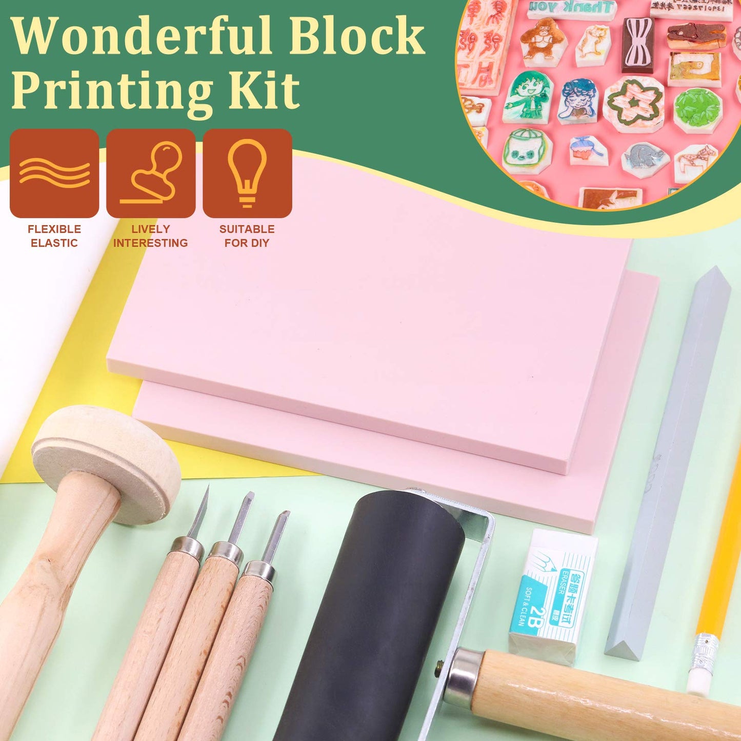 Keadic 41 Pieces Rubber Stamp Making Kit, Includes 2 Rubber Stamps Carving Blocks, 3 Carving Tools & Whetstone, Tracing Papers, Brayer Roller, Block Printing Tools for Stamp Carving and Printmaking