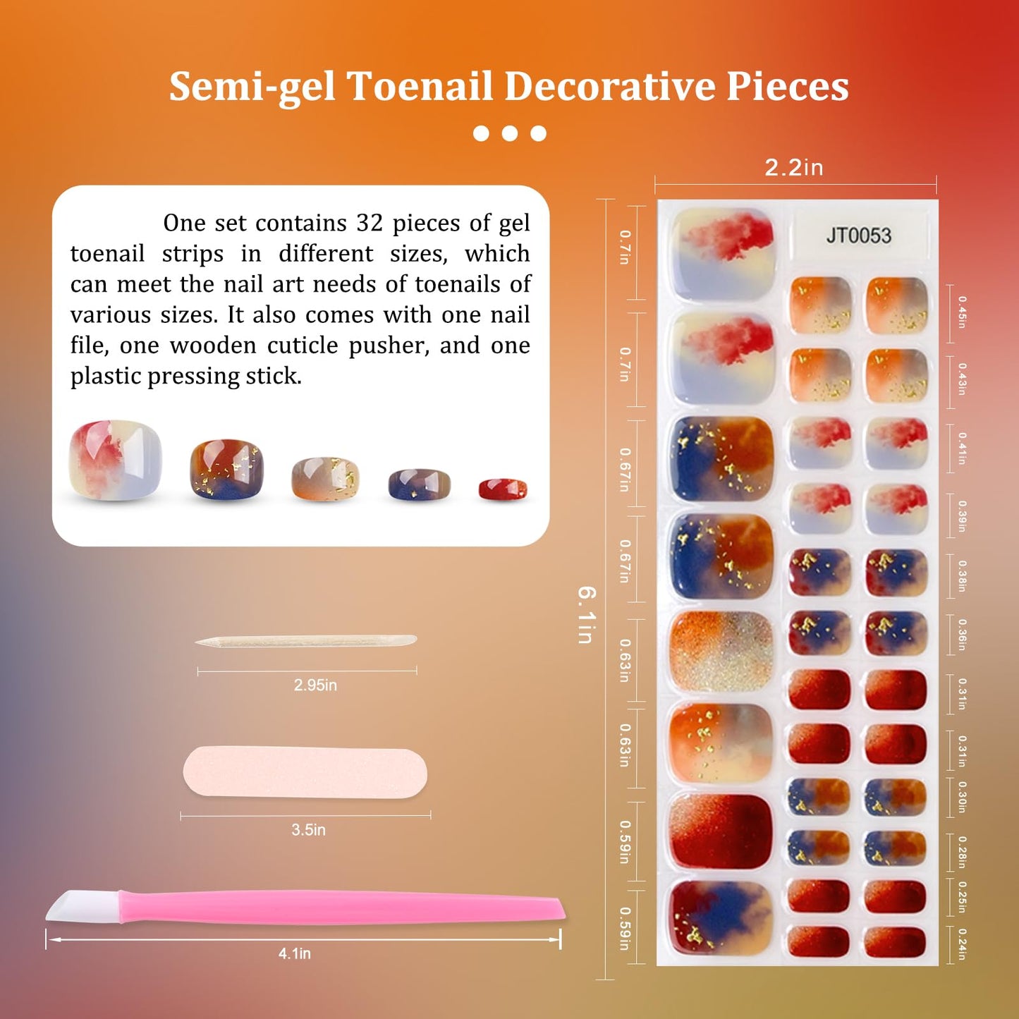 SILPECWEE Semi Cured Gel Nail Strips for Toes (Restful Sunset Glow - 32PCS), UV Light Required | Salon Quality | Long Lasting Toe Nail Stickers Gel Nails Wraps for Women Girl Manicure