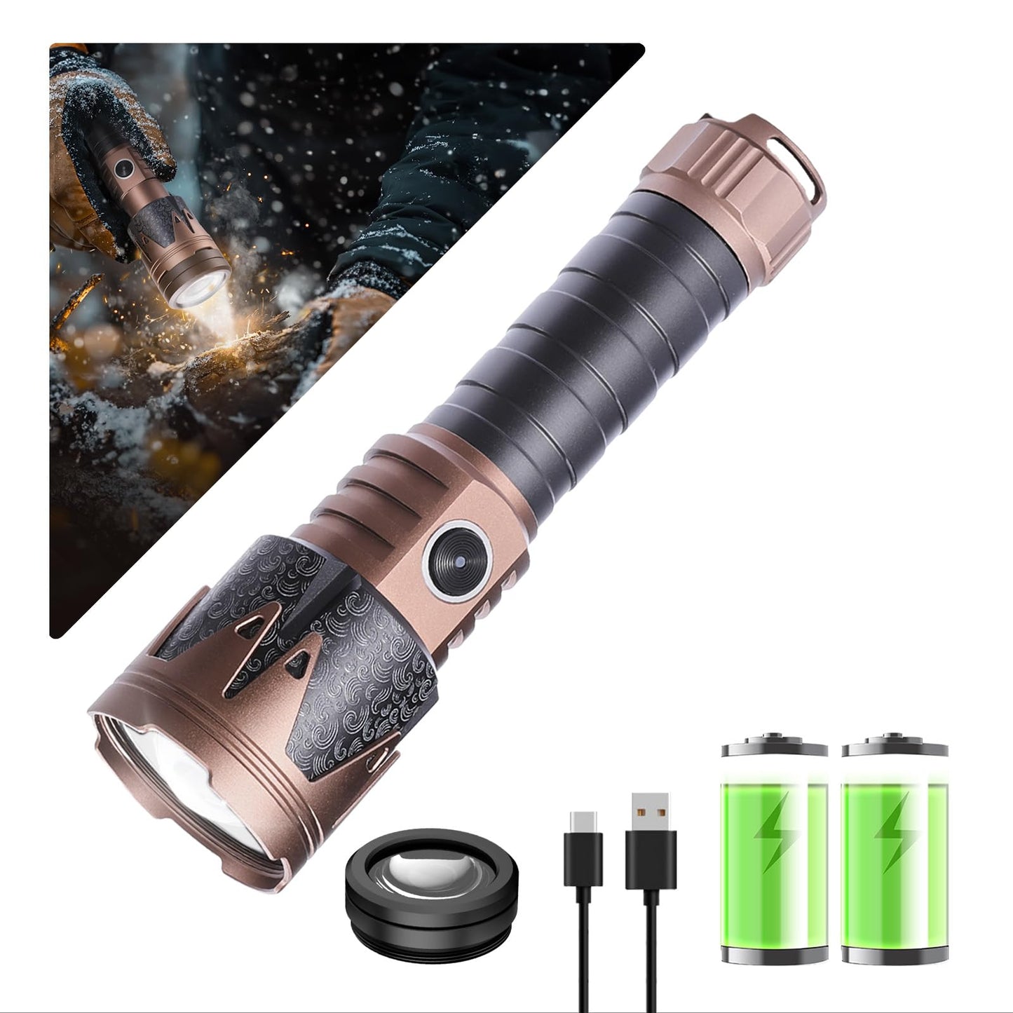 SKYFIRE Rechargeable Flashlight High Lumens with Ignition Lens,5000mAh Fire-Starting Tactical Flashlight,Emergency Survival Gear for Camping Outdoor,6Modes Waterproof Zoomable Small Flash Light