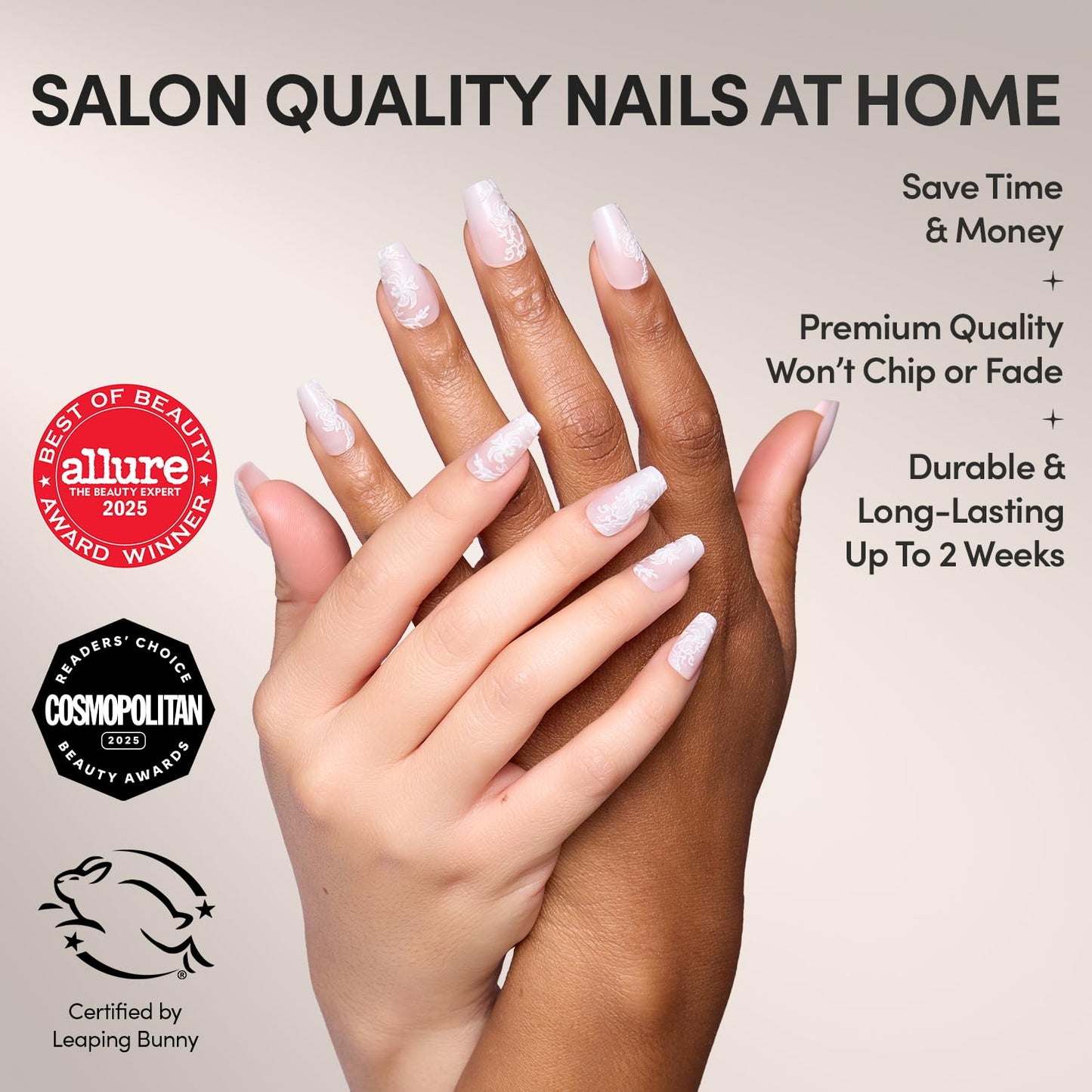 Glamnetic Press On Nails - Lace Blush | Spring Nails, Glossy, Matte, Opaque, Medium Coffin Fake Nails, with Lace Detailing, Salon Quality | 15 Sizes - 30 Nail Kit with Glue