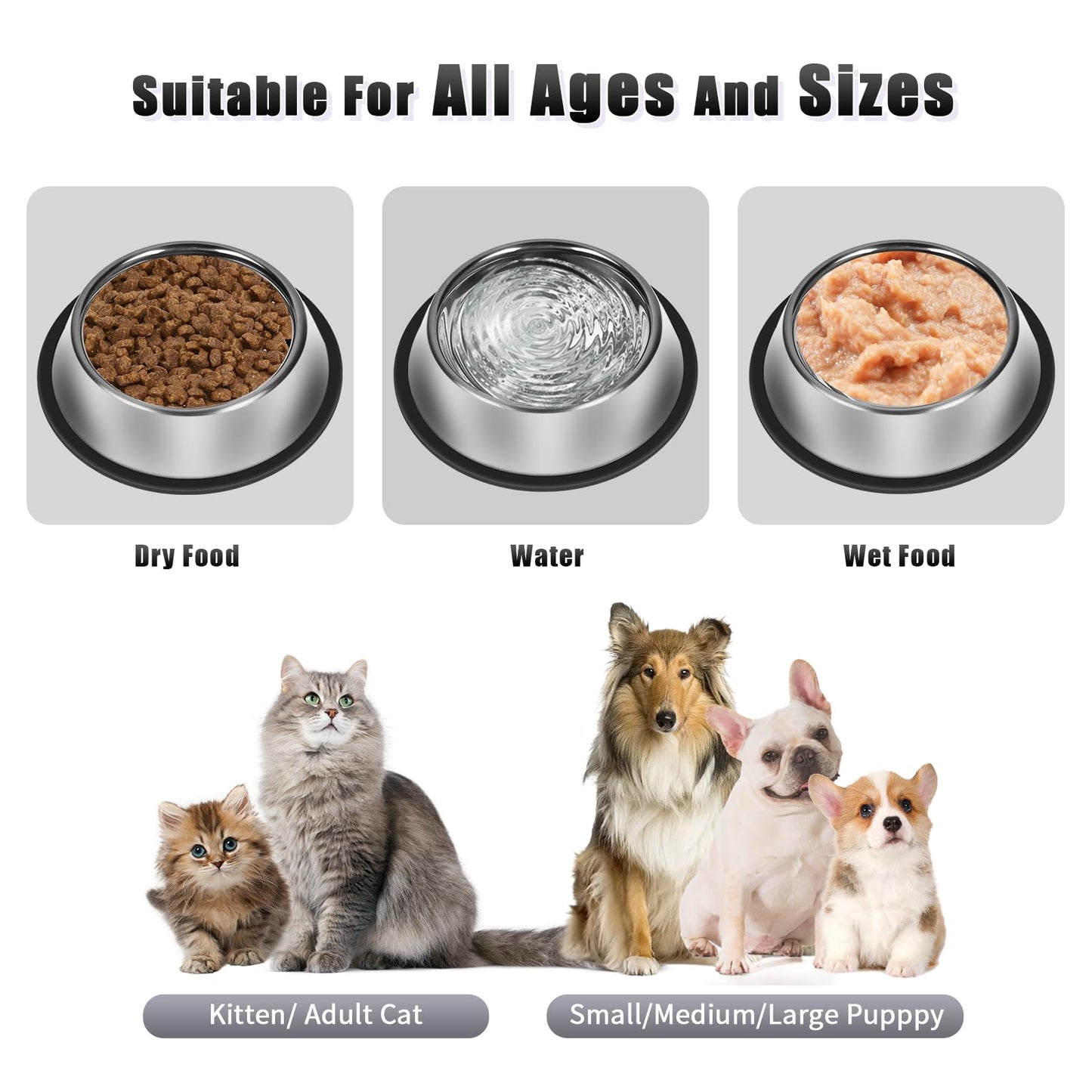 3Pcs Stainless Steel Dog Bowls Set - Non-Slip Food and Water Bowl 13 Oz - Dishwasher-Safe, Rust Resistant Metal Pet Bowls for Small/Medium/Large Sized Pets