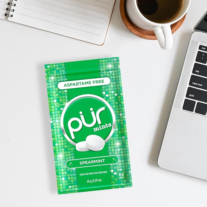 PUR Mints | Aspartame Free Breath Mints | Made with Xylitol | Sugar Free, Vegan, Gluten Free | Natural Spearmint Flavor | 65 Pieces in Re-Sealable pouch (Pack of 1)