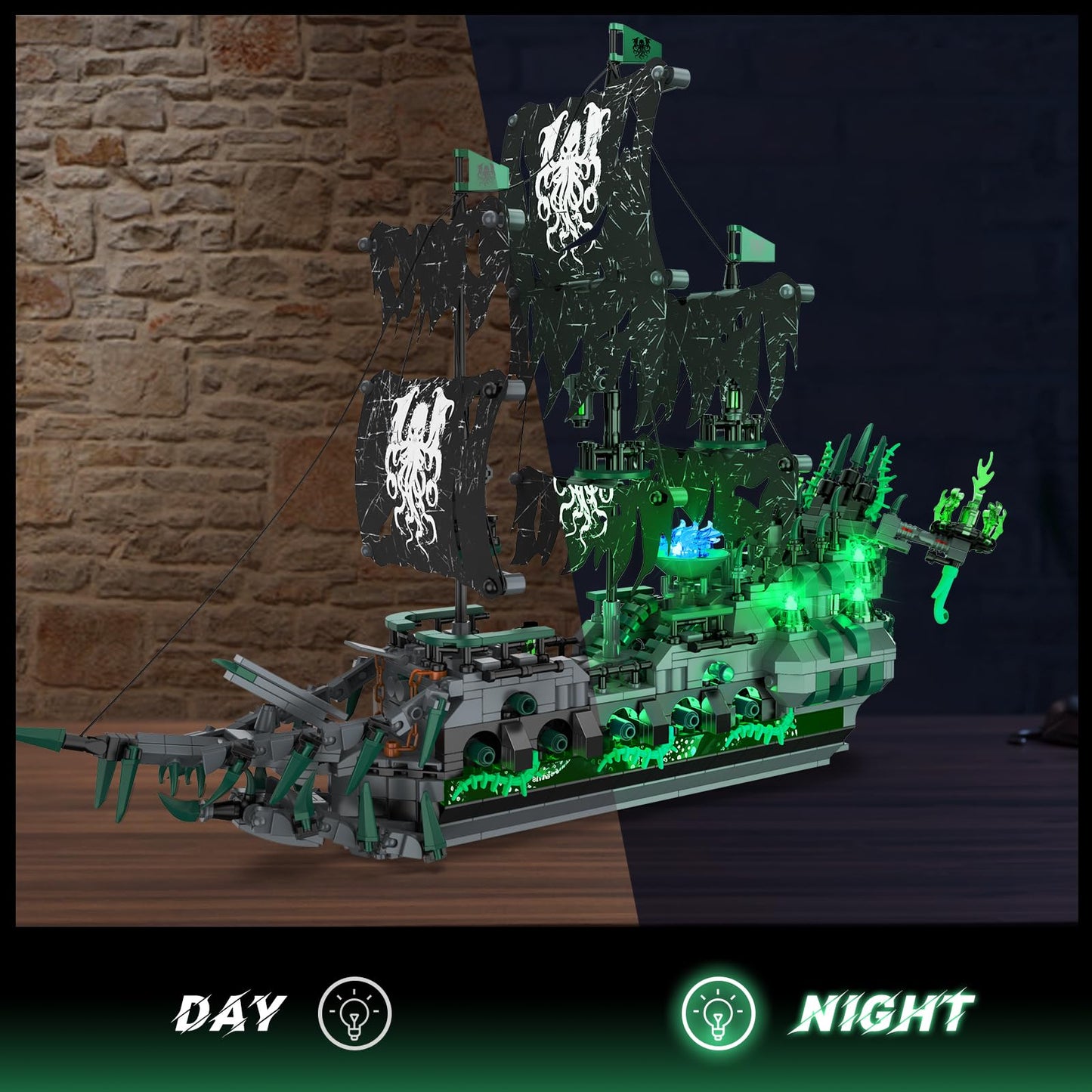 NUTCRACKER Pirate Ship Building Blocks Set with LED Lights, Ghost Ship Flying Dutchman Toy Building Sets for Adults, DIY Sailboat Model Kit for Easter, Halloween, Birthday's Gift (1100 Pcs)
