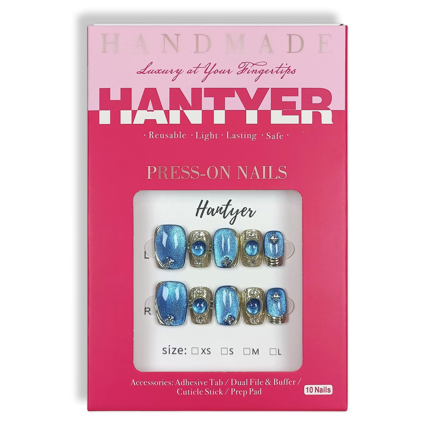 Hantyer Short Square Press On Nails,Baroque Style Blue Cat Eye Mirror Powder Sparkling Ice Design Fake Nails 10PCS with Tools Kits,Hand-Painted Gold Luxury False Nails for Elegant Daily Wear(S)