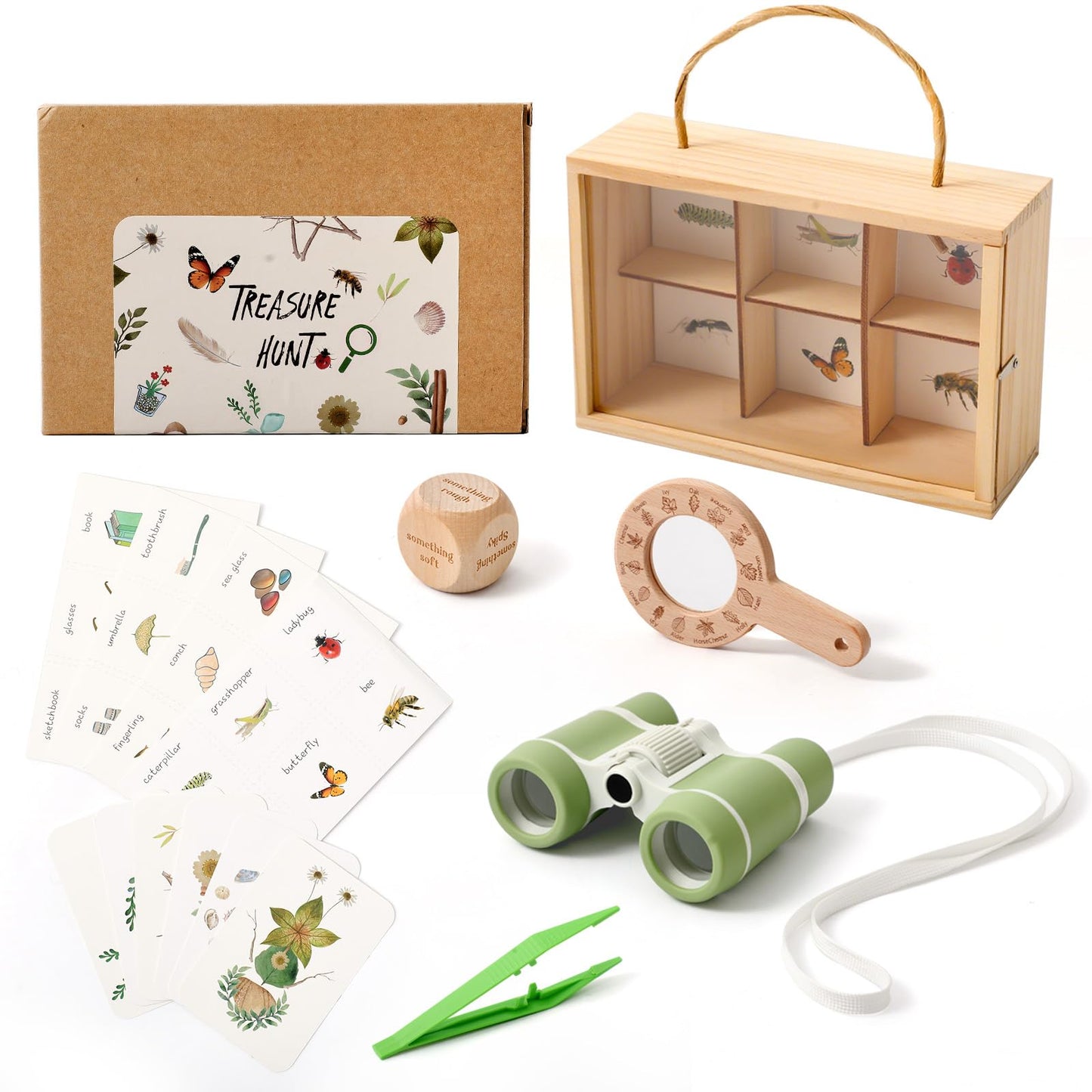 WOODEN TEETHER Kids Scavenger Hunt Play Set, 15pcs Treasure Hunt Kit with Binoculars, 10 Double-Sided Cards & Storage Box Indoor/Outdoor Exploration for Home, Backyard, Park